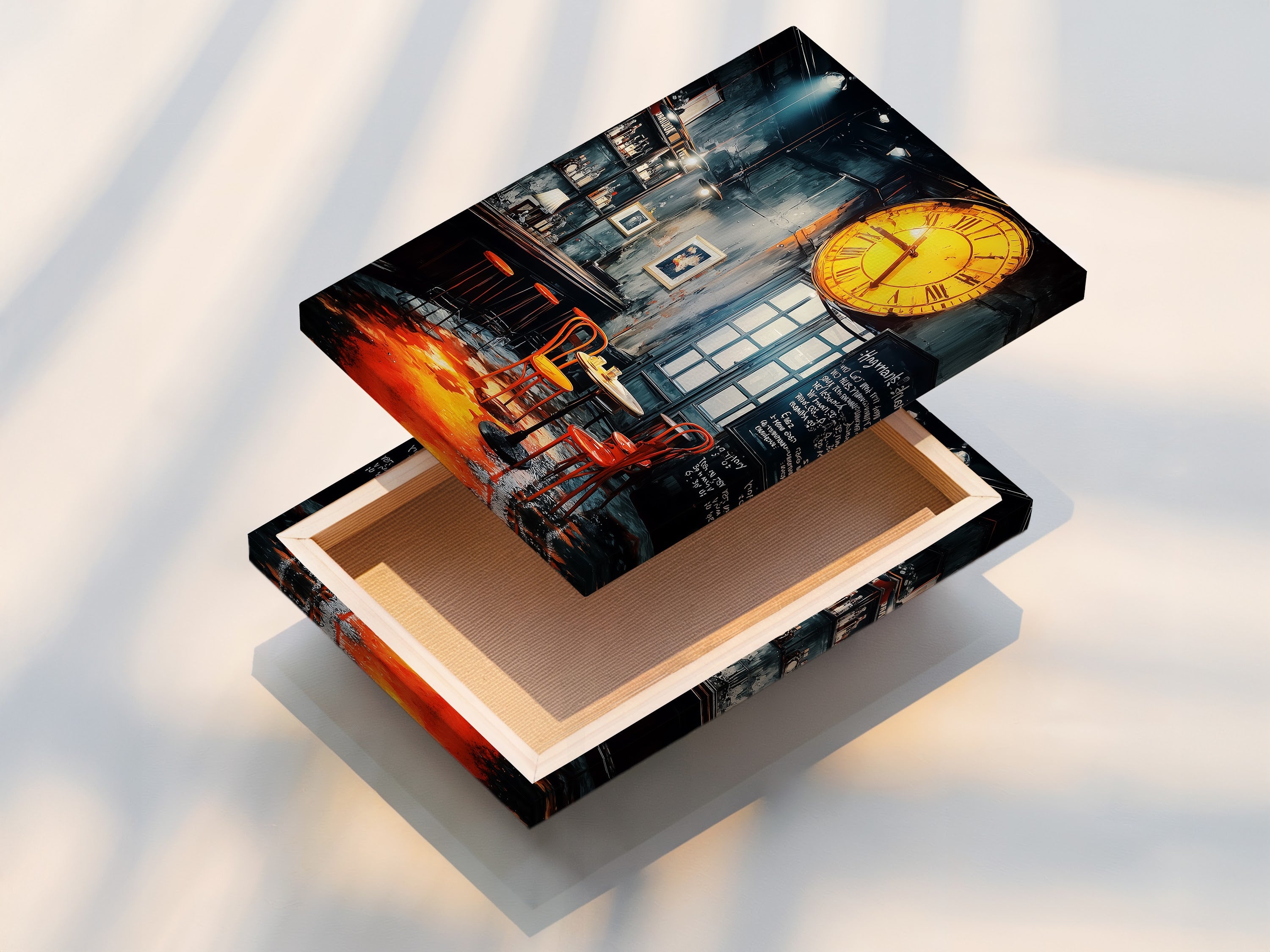 A stretched canvas print of a vintage bar scene. The artwork showcases a moody restaurant interior. The orange and teal tones create a warm ambiance. This canvas print is ready to hang and enjoy.