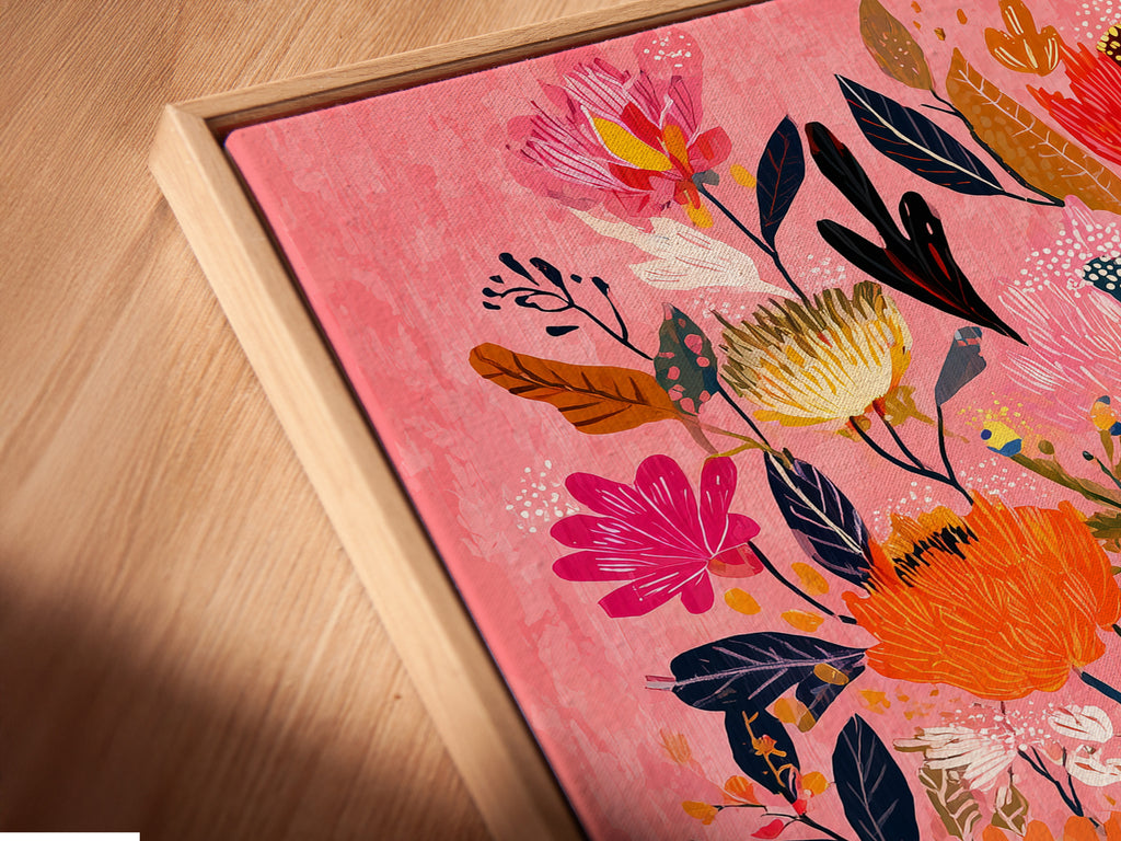 Vibrant Floral Bouquet Art Print - Pink Background Wall Art, Colorful Flower Vase Painting, Modern Botanical Home Decor, Living Room