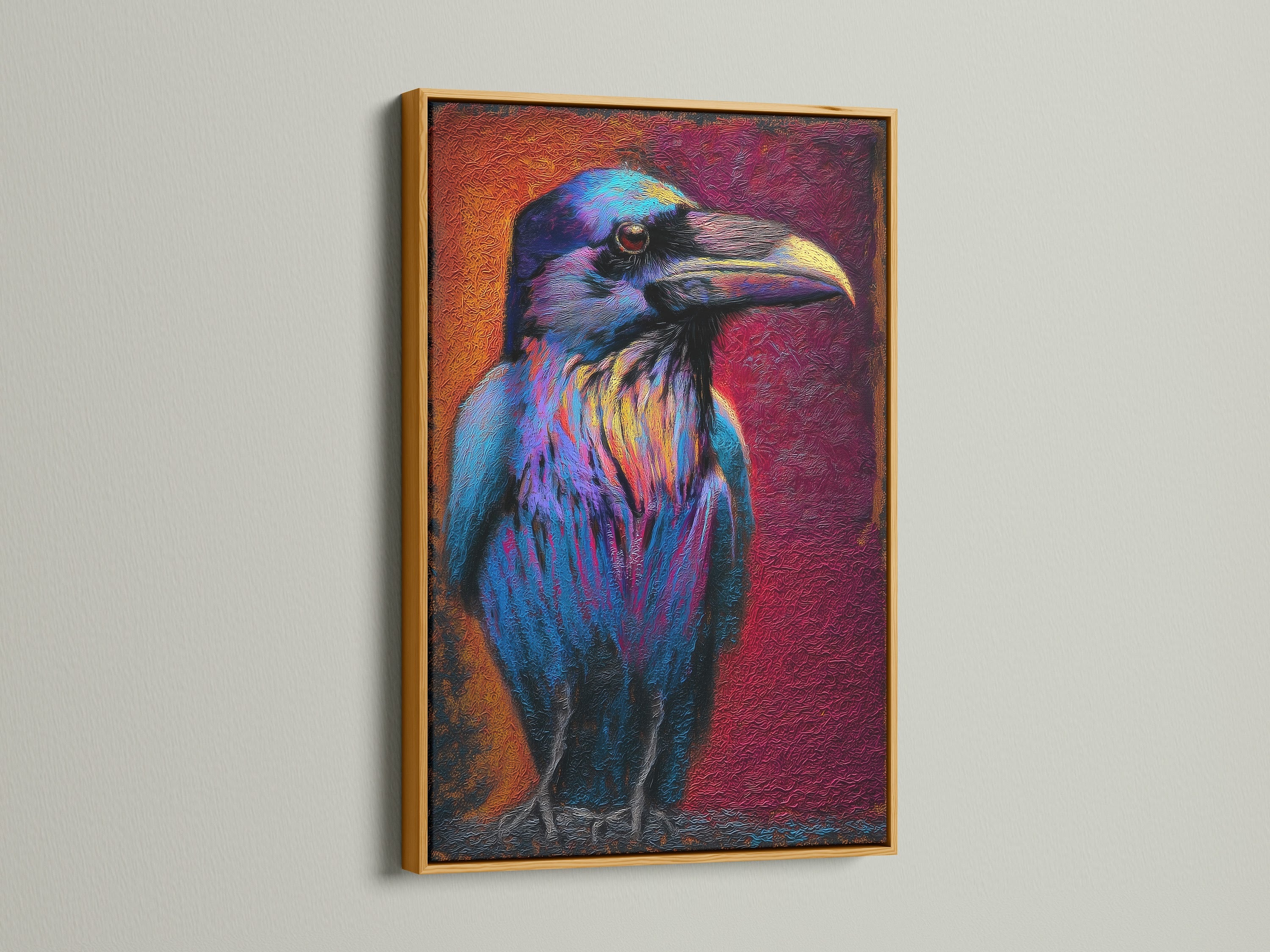 The artwork features a vibrant raven in a gold frame. The gold frame adds a touch of luxury. This artwork is an excellent choice for adding a touch of glamor. It will transform any room into a gallery. The artwork is timeless.