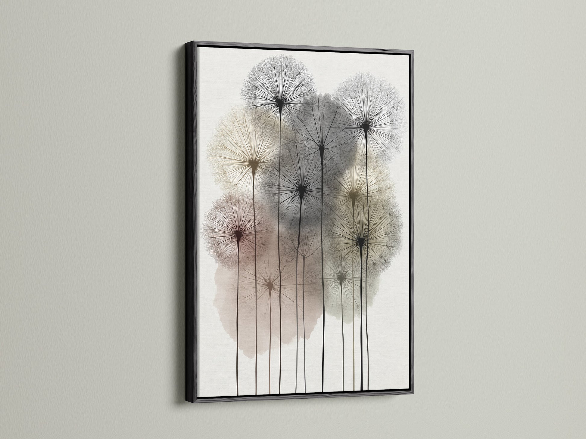 Dandelion artwork set in a black frame. This modern floral poster creates a striking contrast. A bold choice for bedroom wall decor. The neutral botanical art is perfect for contemporary spaces. It is a minimalist art piece to enhance your living room.