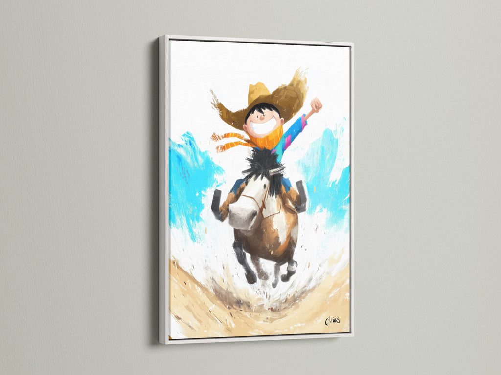 Boy Riding Horse Artwork inside a white frame. The bright white frame enhances the artwork's playful theme. Perfect for a kids' room or nursery. This whimsical art piece adds a touch of joy to any space.