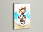 Boy Riding Horse Artwork inside a white frame. The bright white frame enhances the artwork's playful theme. Perfect for a kids' room or nursery. This whimsical art piece adds a touch of joy to any space.