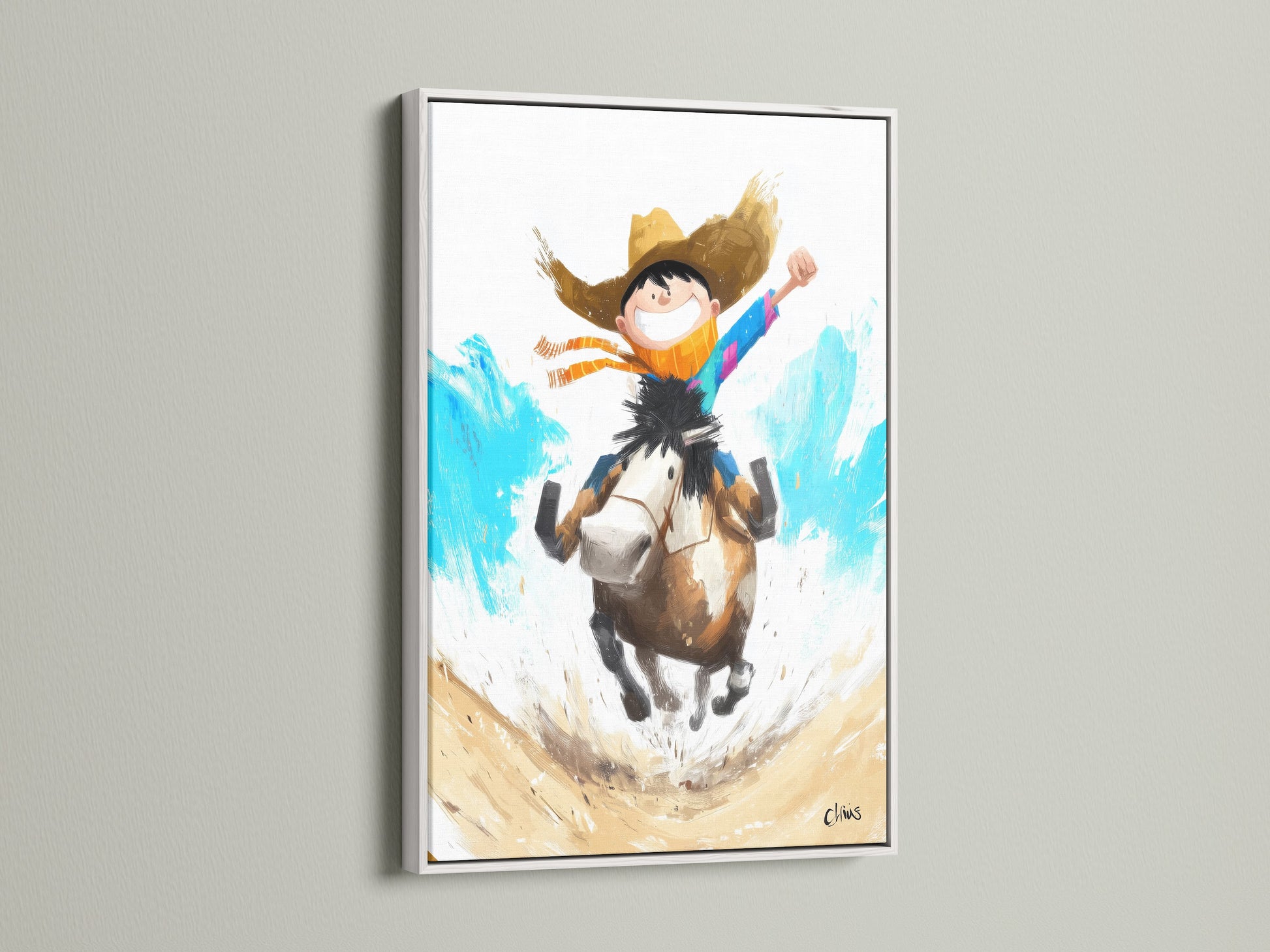 Boy Riding Horse Artwork inside a white frame. The bright white frame enhances the artwork's playful theme. Perfect for a kids' room or nursery. This whimsical art piece adds a touch of joy to any space.
