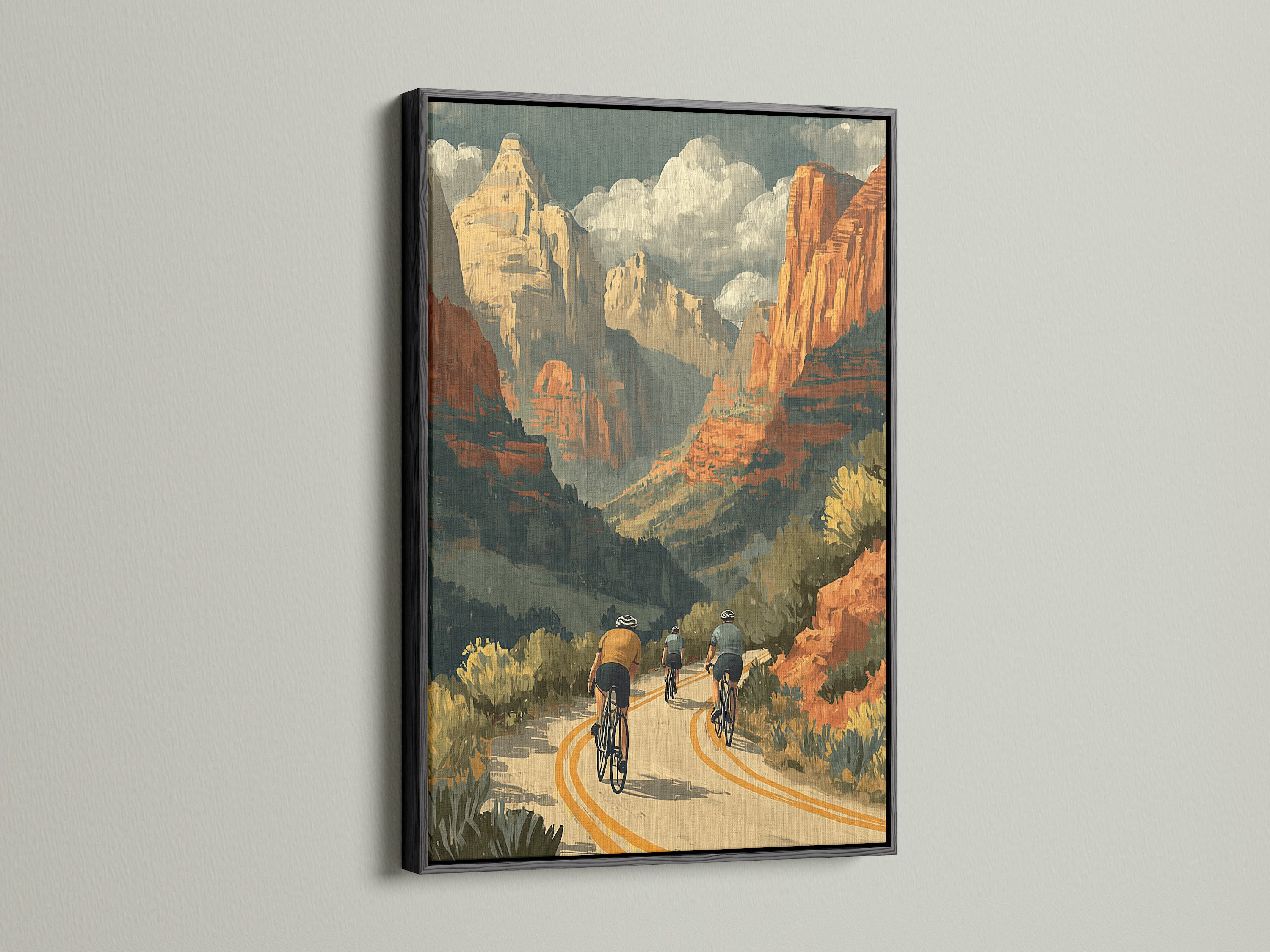 The desert canyon cycling artwork is framed in black. This vintage travel poster is a striking addition to any wall. The road bike art captures the thrill of outdoor adventures. The black frame provides a bold contrast to the Southwestern art. Ideal for a modern or rustic decor style. It is a timeless canyon print.