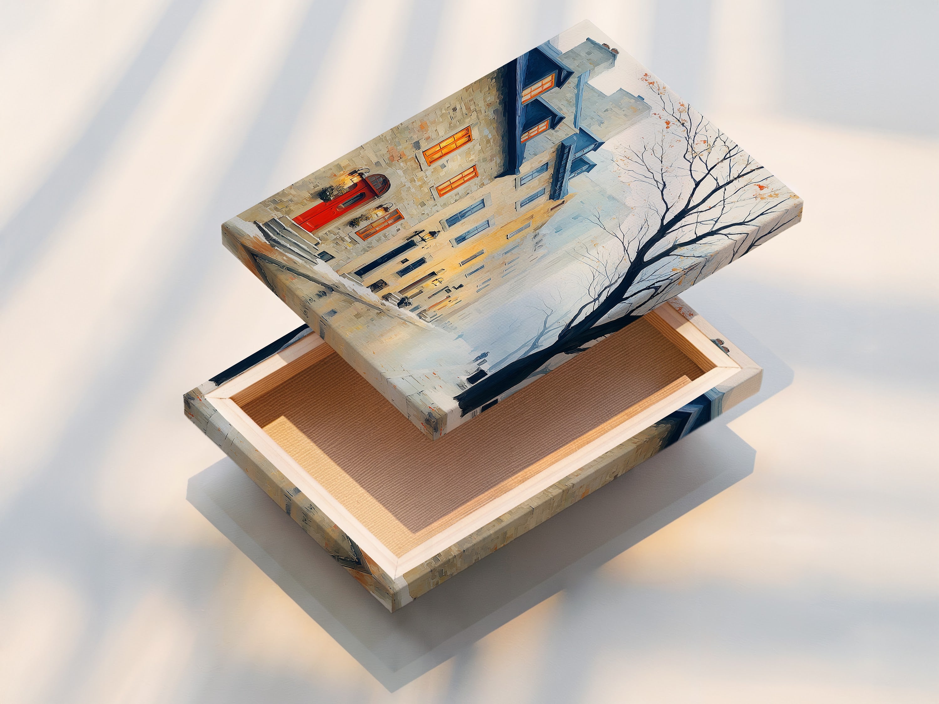 This stretched canvas print features a vintage European cityscape artwork. The artwork captures a foggy street scene with classic buildings. Perfect for study room decor or living room art. Add antique style to your home with this urban landscape.