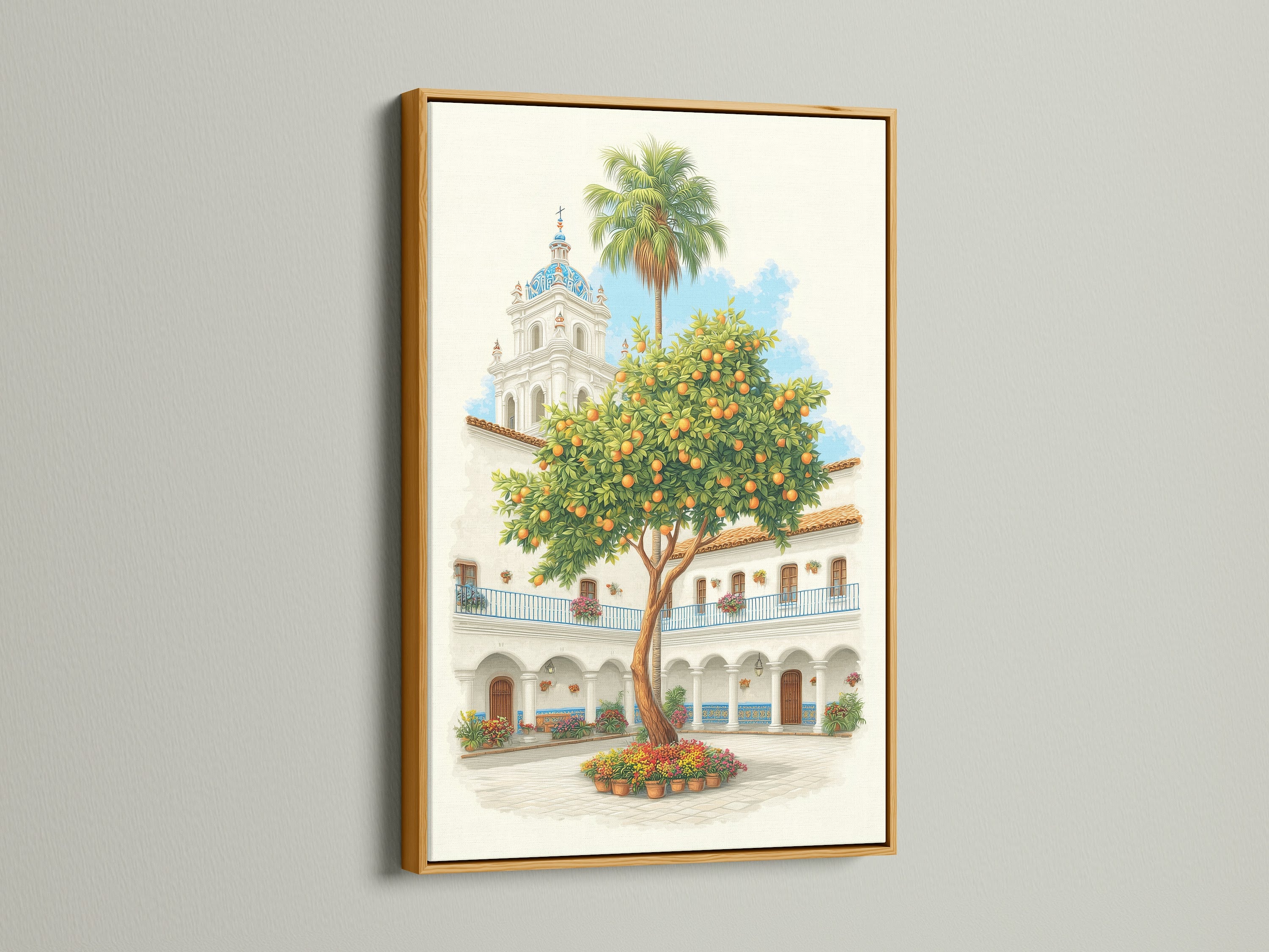 Spanish Courtyard artwork displayed in a gold frame. The artwork features a white building with a blue dome and an orange tree. The gold frame adds a touch of luxury. Display this beautiful Europe wall art in your vacation home.
