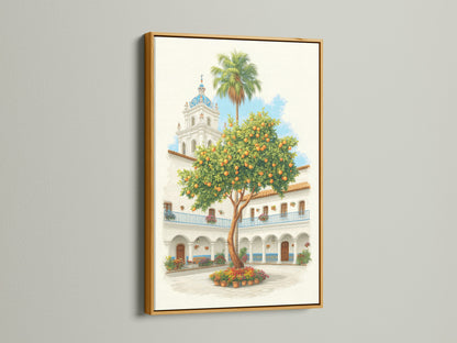 Spanish Courtyard artwork displayed in a gold frame. The artwork features a white building with a blue dome and an orange tree. The gold frame adds a touch of luxury. Display this beautiful Europe wall art in your vacation home.