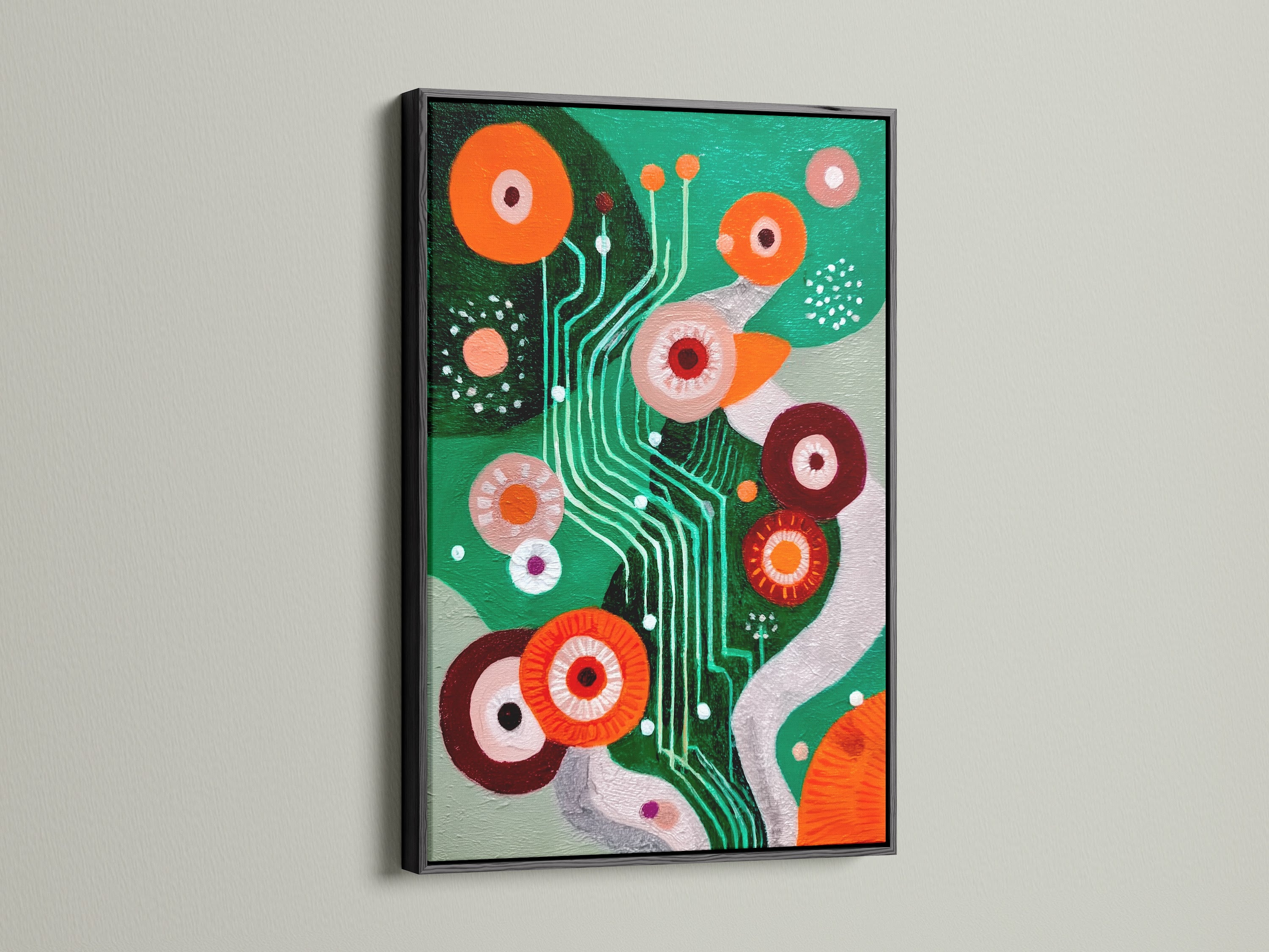 The black frame highlights this modern abstract canvas art. The retro geometric wall art is striking with a colorful mid-century print. This artwork is perfect for adding sophistication to office decor. Ideal for fans of contemporary art.
