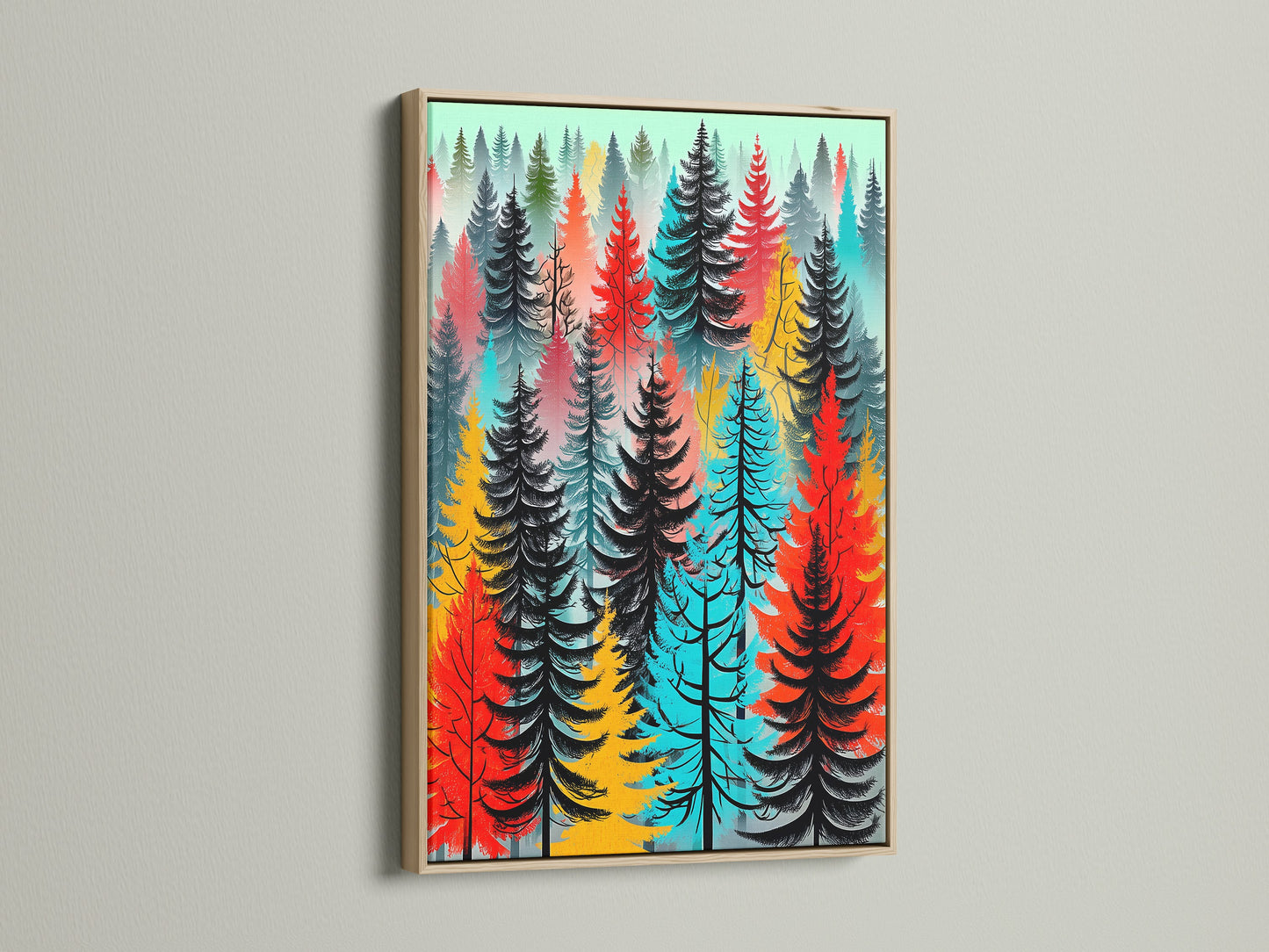 Colorful forest artwork in an oak frame. This modern artwork adds a natural touch to any living space. The abstract forest print features vibrant red turquoise and black trees. This tree wall art complements scandi decor and creates a cozy atmosphere. Ideal as bedroom art or wall decoration. It brings woodland decor to your home.