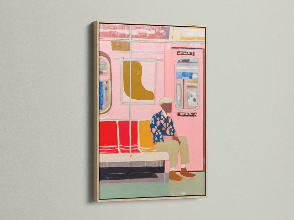 Pink Subway Art Print in an oak frame. This urban art transit poster brings modern city vibes to your home. The artwork is perfect for adding a touch of pink aesthetic to your apartment decor. Consider this contemporary metro art for your space. It is ideal for homeowners and renters alike.