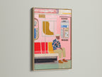 Pink Subway Art Print in an oak frame. This urban art transit poster brings modern city vibes to your home. The artwork is perfect for adding a touch of pink aesthetic to your apartment decor. Consider this contemporary metro art for your space. It is ideal for homeowners and renters alike.