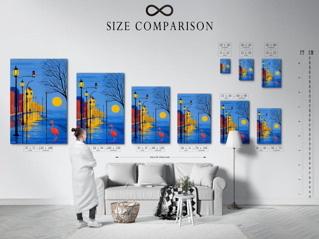 Size comparison chart for our artwork in a modern interior. See how our cityscape prints fit in any room. Visualize the impact of our flamingo art on your walls. Choose the perfect size for your space. Enhance your home or office today.