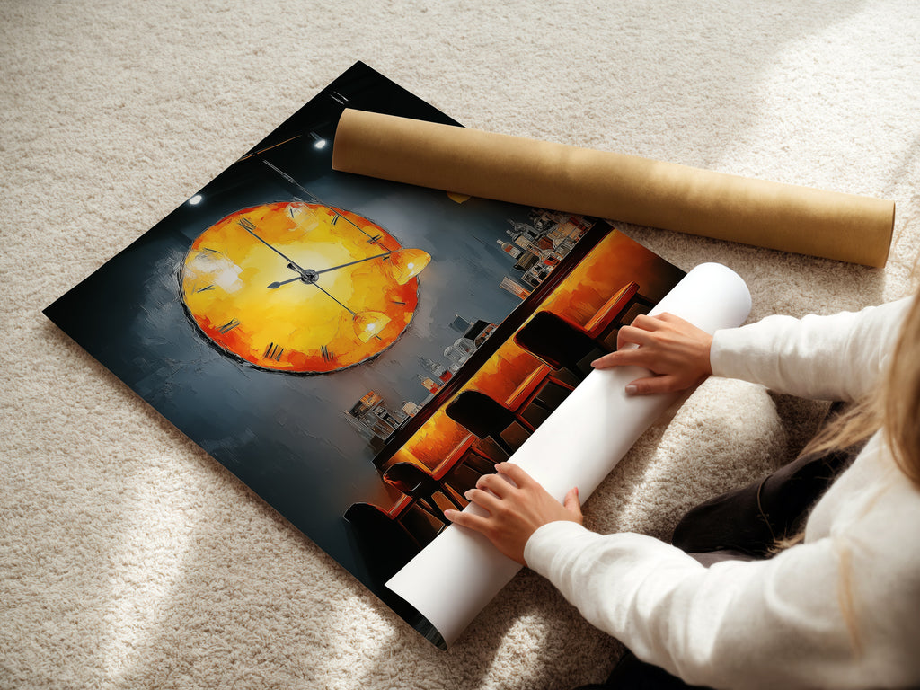 A woman rolls fine art poster paper. This showcases the care in preparing the bar scene artwork. Get ready to display moody restaurant wall art. It will elevate your dining space with abstract clock artwork.