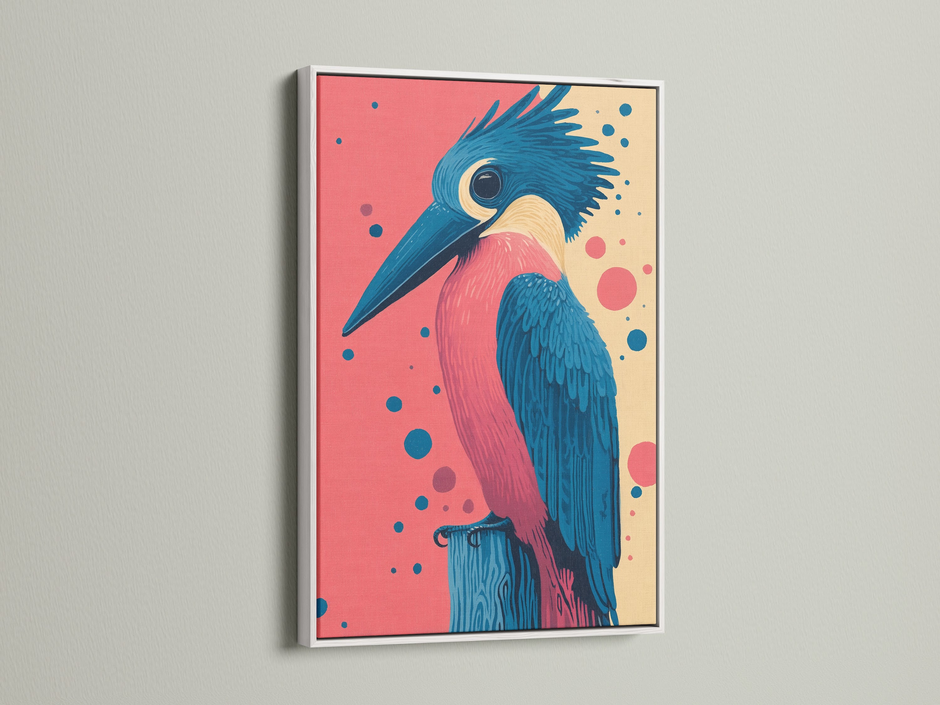 Kingfisher bird canvas print with a white frame. The artwork brings nature indoors with its colorful design. This avian art piece is perfect for living rooms or clinics. It will elevate any space with its coastal vibe.