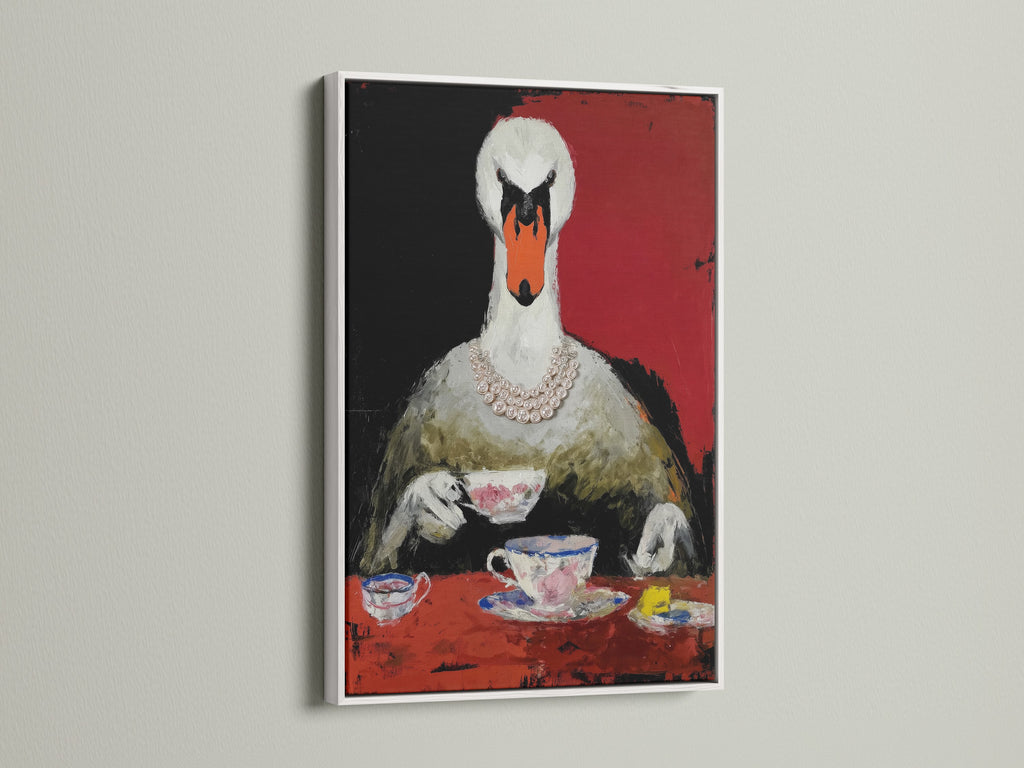 Swan Tea Party art print in a white frame. This whimsical animal wall decor features a surreal bird artwork. The white frame enhances the art's contemporary style. It is perfect for adding a quirky touch to your space.