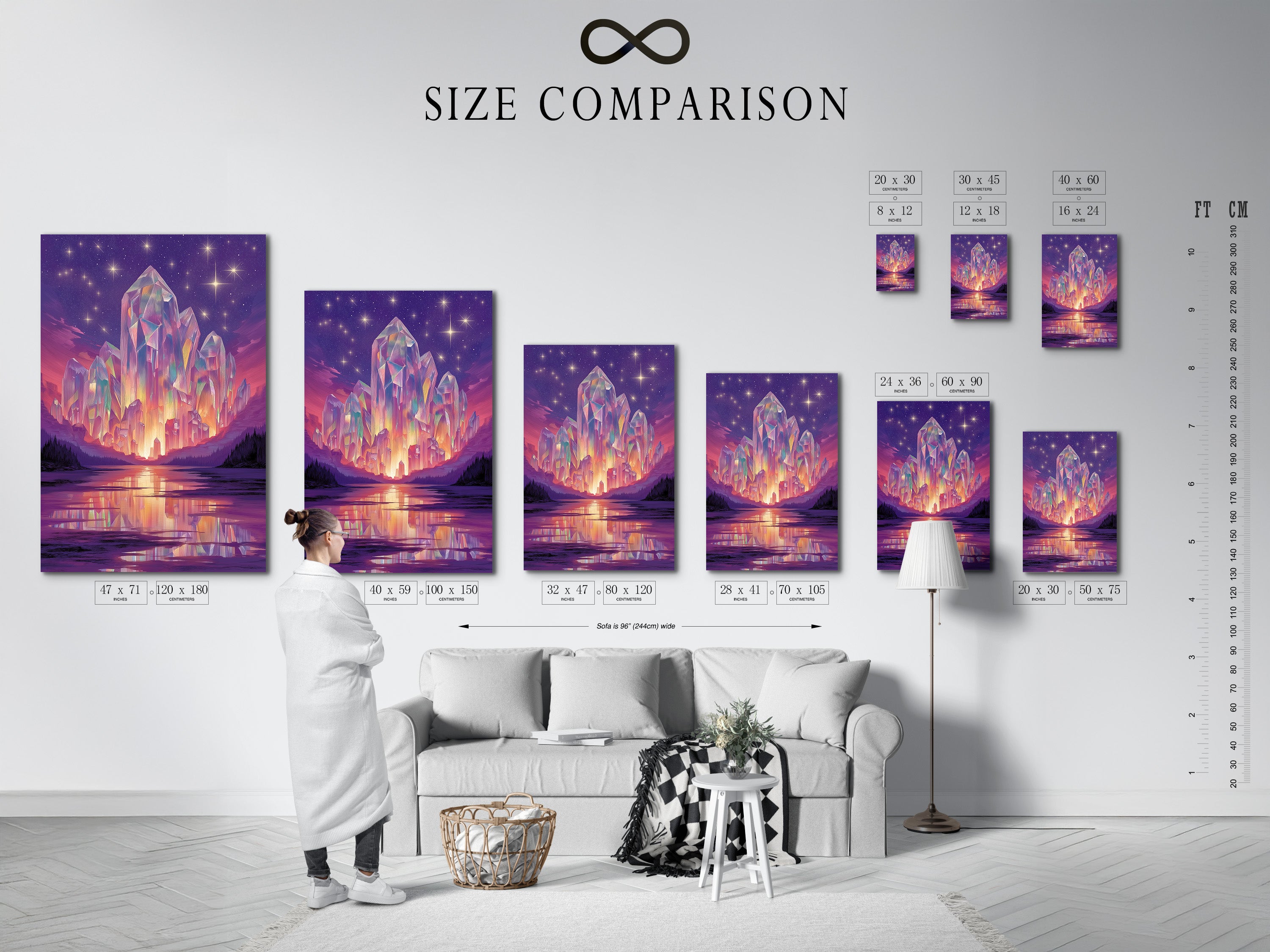 A size comparison chart in an interior setting. See how the Crystal Fantasy Art Print fits in your space. Visualize the mystical purple landscape on your wall. Choose the perfect size for your surreal artwork today.