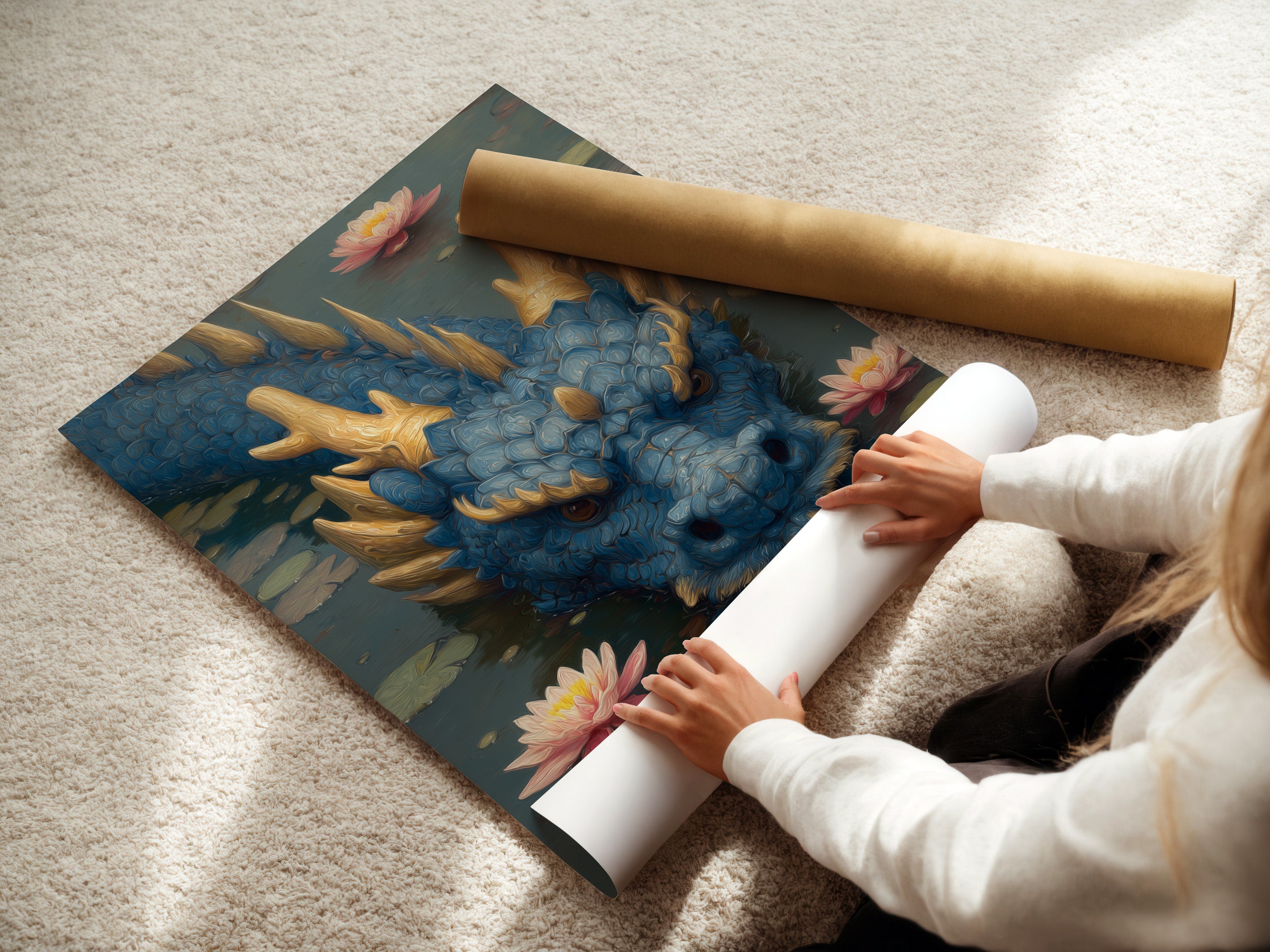 A woman carefully rolls a fine art poster paper. The poster features artwork of a blue dragon. The poster material is high-quality. Bring your favorite art to life with our fine art posters. Perfect for any space.