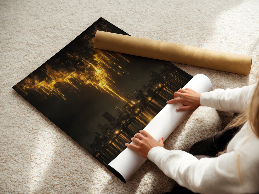 A woman is carefully rolling a fine art poster paper. This paper features the golden city skyline artwork. Ideal for creating urban canvas prints and abstract skyline art. The fine art poster paper ensures high-quality golden wall decor. Perfect for modern office art.