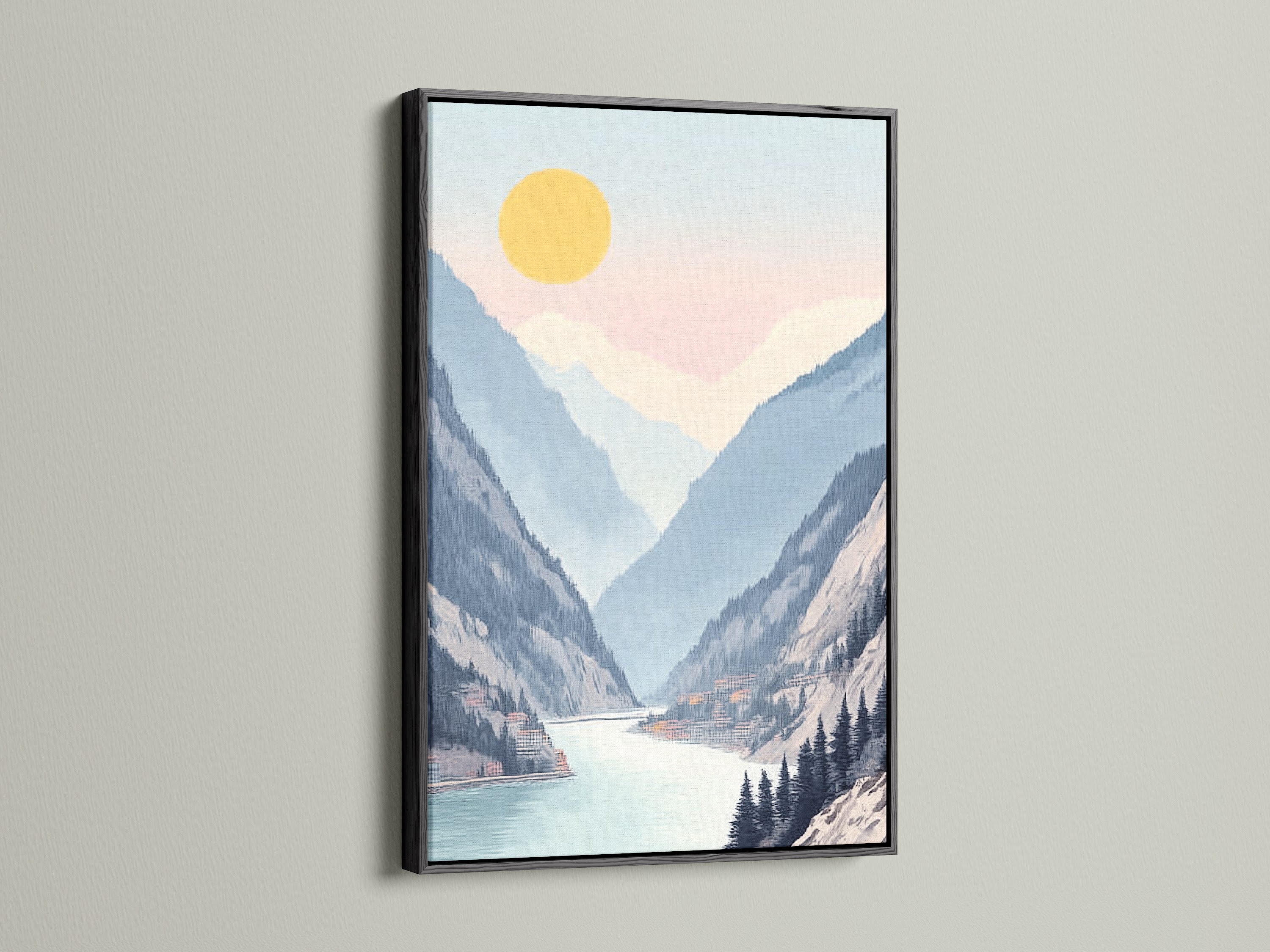 Explore this captivating valley wall art. It's framed in a sleek black frame. The serene pastel landscape brings tranquility to your space. This mountain lake canvas is perfect for office wall decor or home art. It's ideal for modern and contemporary interiors.