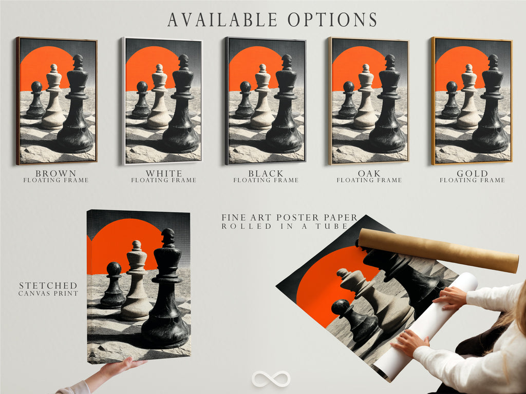 Available options include a stretched canvas print. Also available is fine art poster paper and a floating frame. Customers can choose the perfect format for their artwork. Each option offers a unique aesthetic and presentation. Customize your art to match your style and space. These options provide flexibility and creativity.
