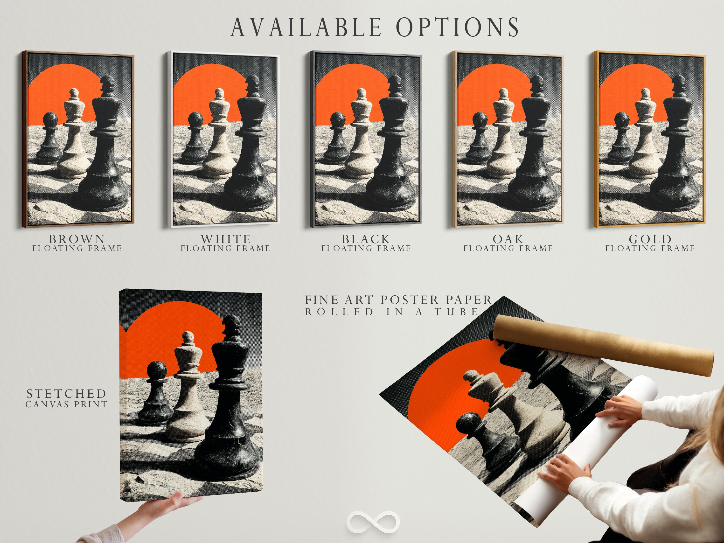 Available options include a stretched canvas print. Also available is fine art poster paper and a floating frame. Customers can choose the perfect format for their artwork. Each option offers a unique aesthetic and presentation. Customize your art to match your style and space. These options provide flexibility and creativity.