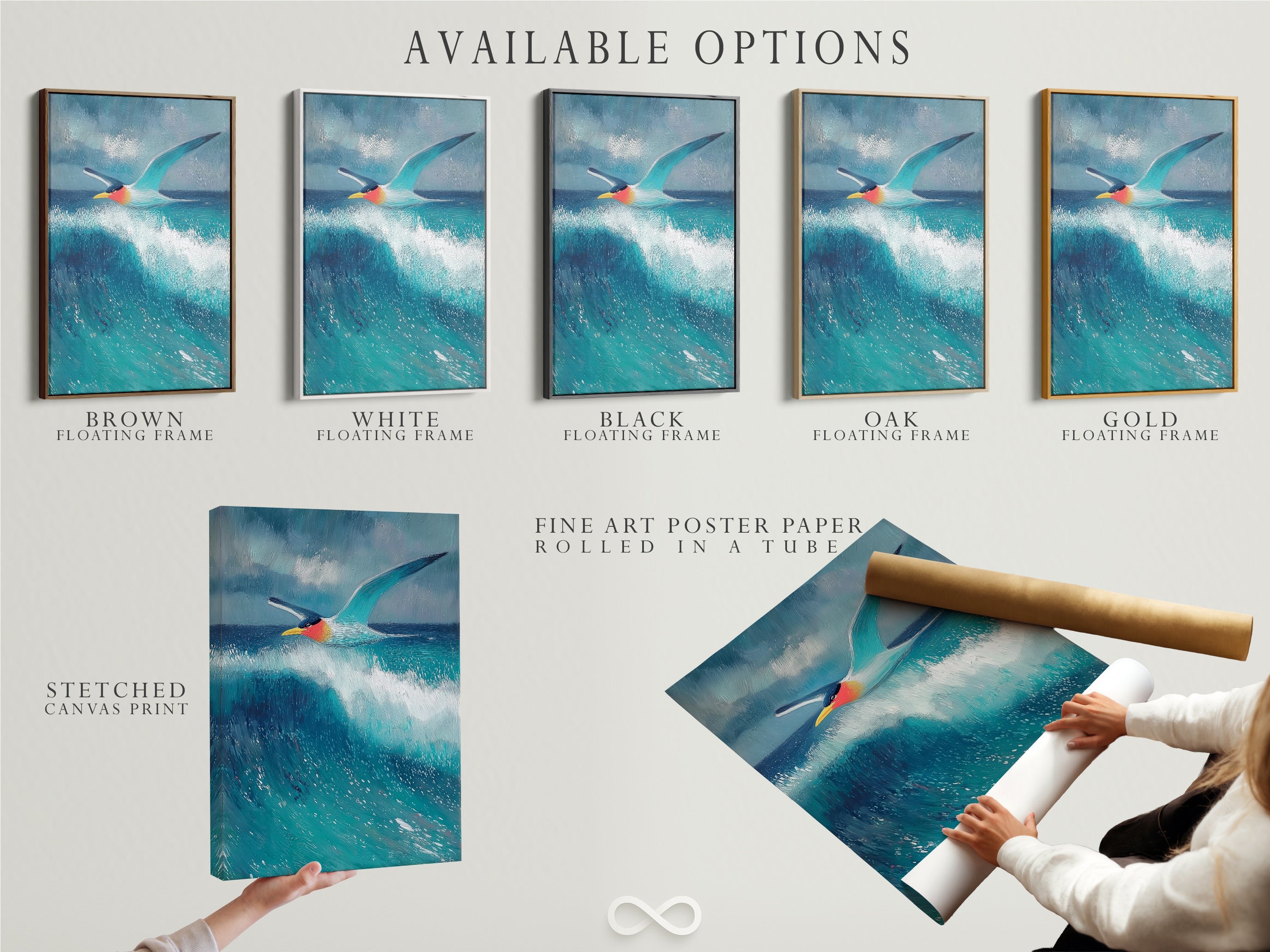 Available options include stretched canvas print fine art poster paper and floating frame. Choose the perfect style for your seagull artwork. Each option offers a unique look and feel. It is customizable.