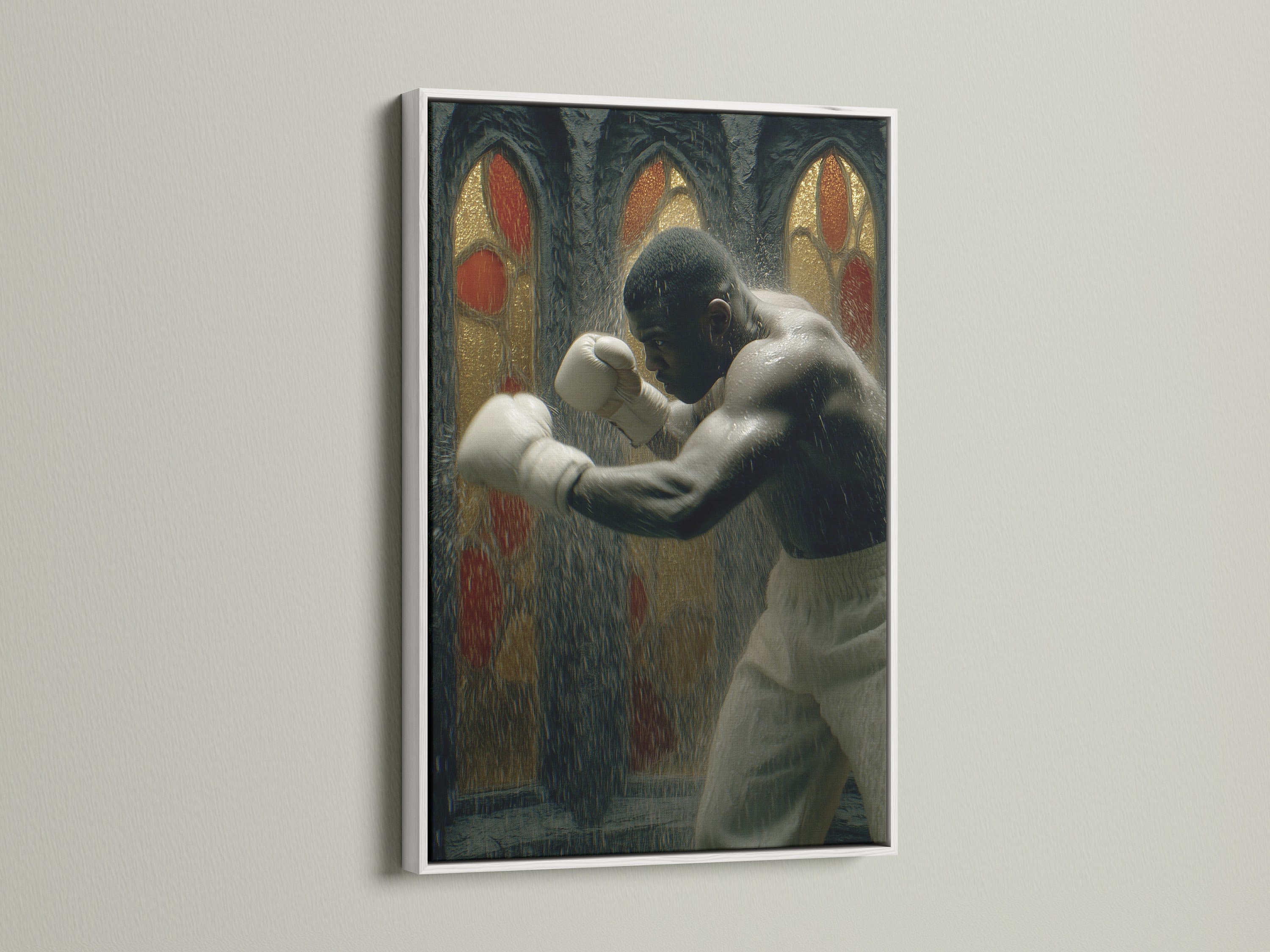 Vintage boxing artwork in a white frame. The bright white frame offers a clean contemporary look. This is a perfect contrast to the gothic sports canvas. Elevate your man cave decor or gym wall art. Shop now for athletic wall decor.