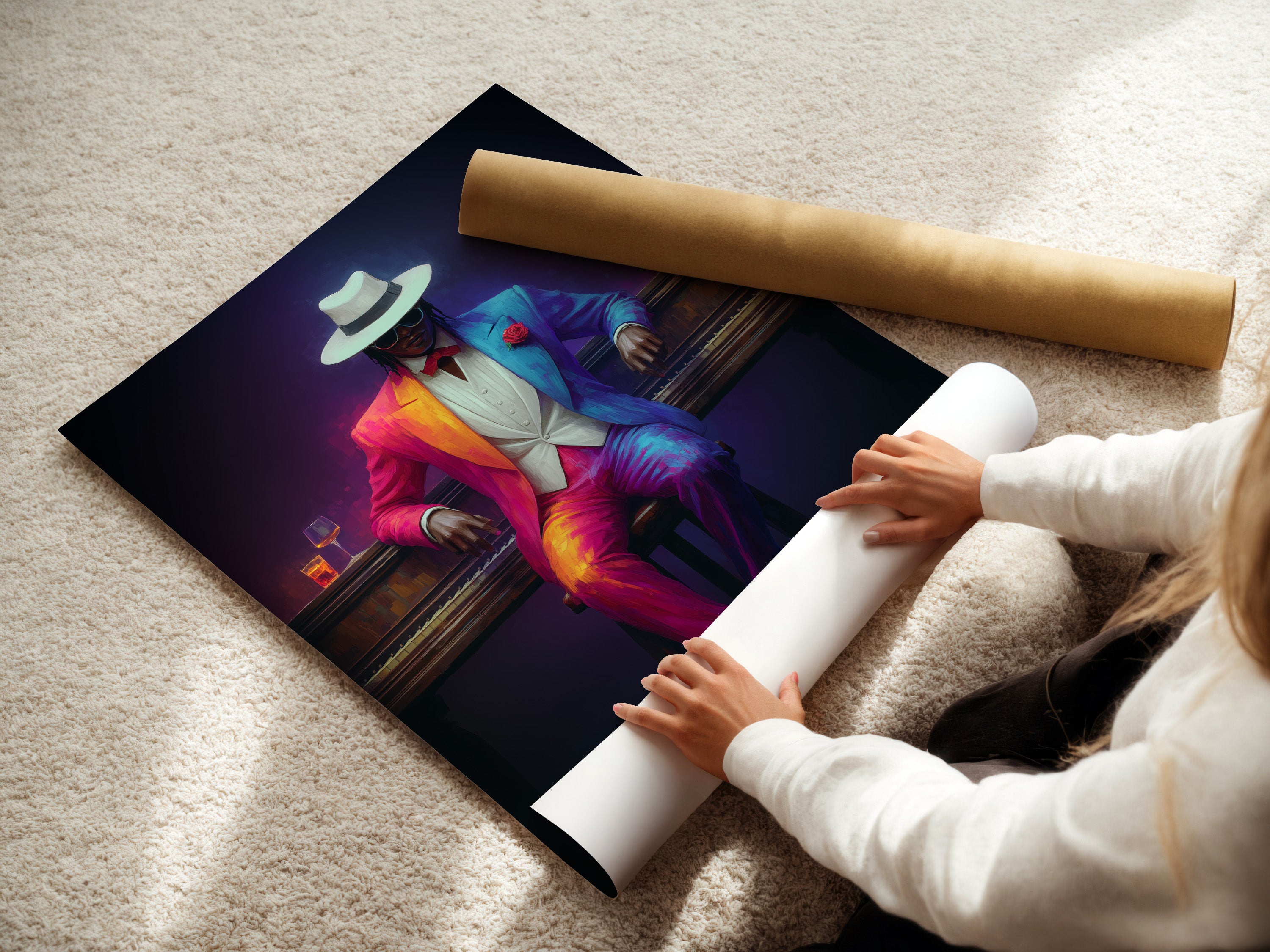 A woman is rolling a fine art poster paper. This Neon Suit Portrait is ready for framing. This colorful gentleman artwork is perfect for any room. The fine art paper ensures a high-quality print. This retro futuristic art is ideal for modern eclectic or Art Deco styles.