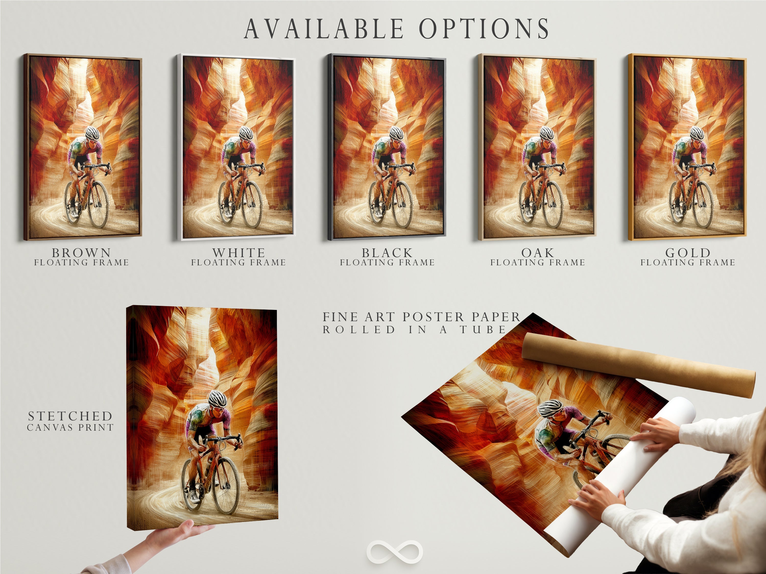 Available options for cyclist art prints. Choose from a stretched canvas print fine art poster paper or a floating frame. Customize your artwork to fit your style. Enhance your living room home gym or office with our art.