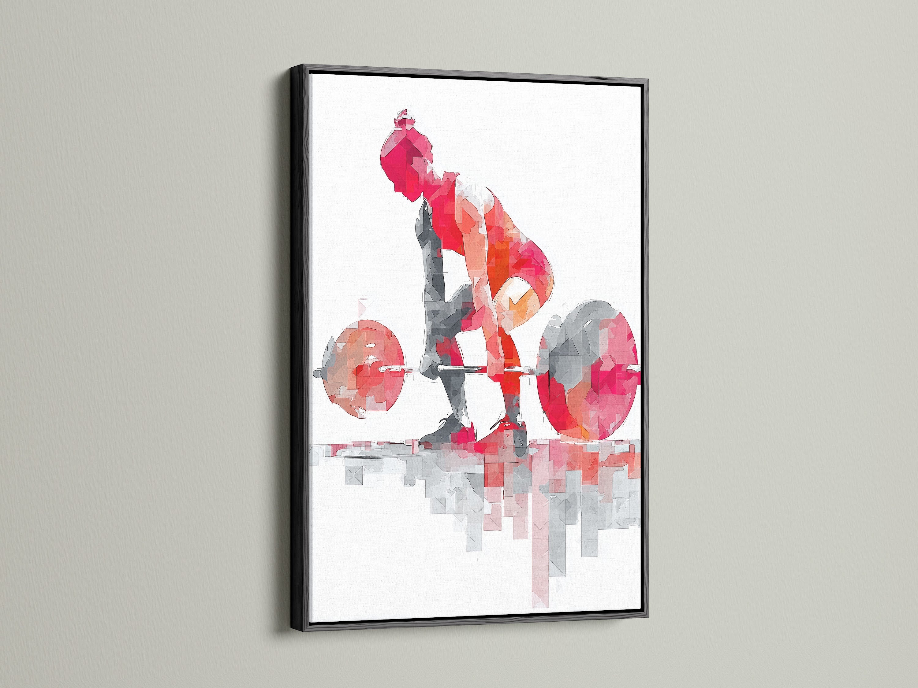 Weightlifting art print in a sleek black frame. The geometric fitness wall art enhances your home gym decor. This abstract sports art is perfect for personal trainers and fitness aficionados.
