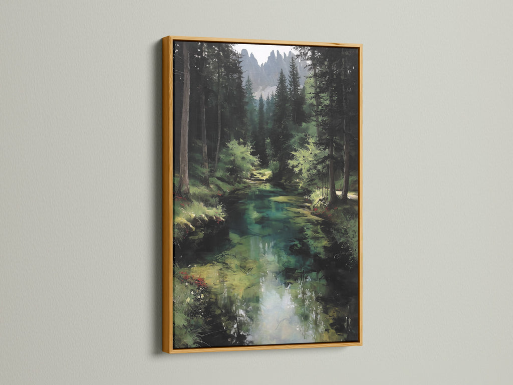 The forest river artwork is featured in a gold frame. The shimmering frame enhances the emerald green wall art. This woodland landscape painting adds a touch of elegance. Perfect for cabin decor or a luxurious living room. The gold frame complements the serene river landscape. Elevate your space with this nature-inspired artwork.