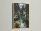 The forest river artwork is featured in a gold frame. The shimmering frame enhances the emerald green wall art. This woodland landscape painting adds a touch of elegance. Perfect for cabin decor or a luxurious living room. The gold frame complements the serene river landscape. Elevate your space with this nature-inspired artwork.