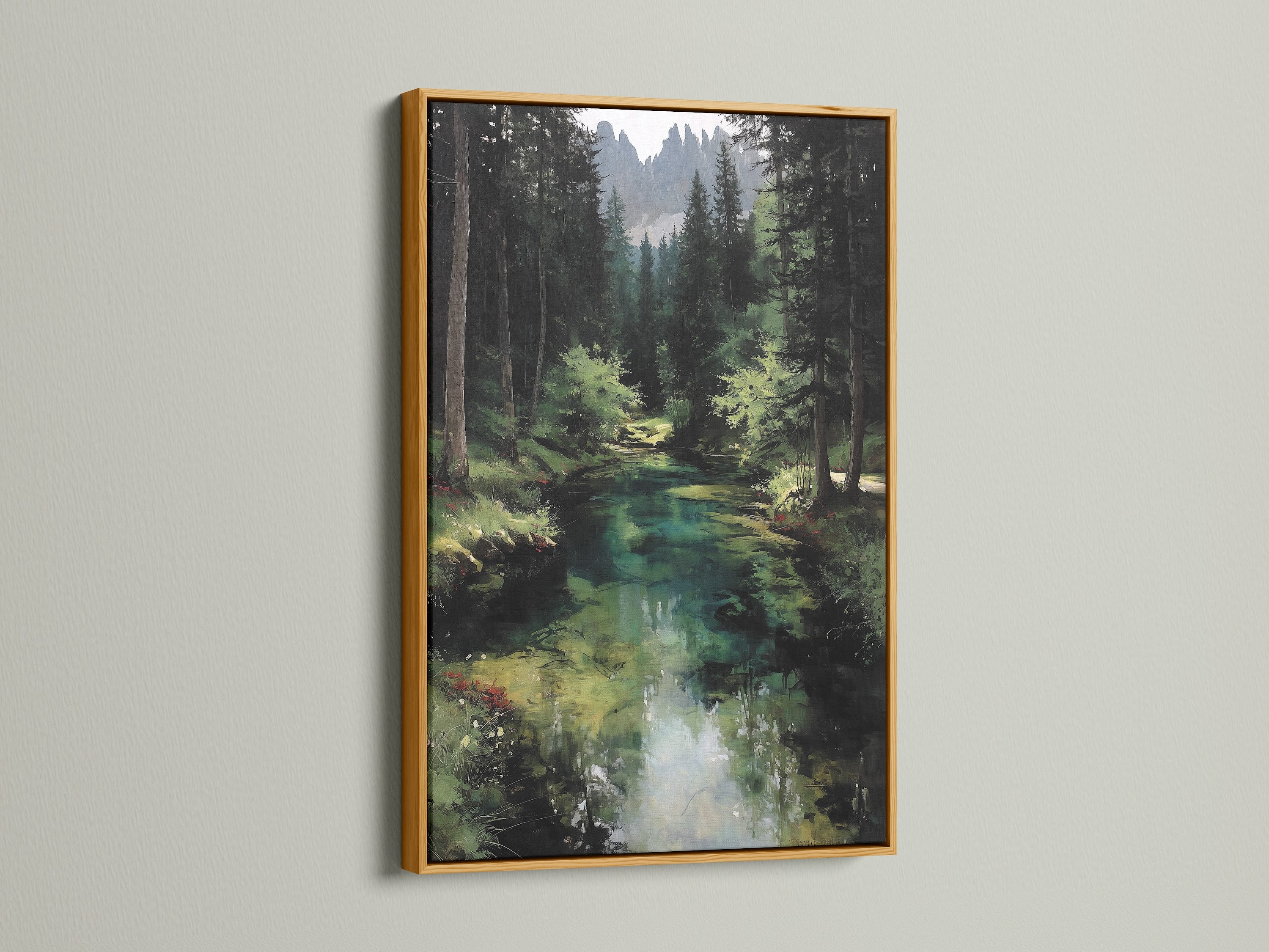 The forest river artwork is featured in a gold frame. The shimmering frame enhances the emerald green wall art. This woodland landscape painting adds a touch of elegance. Perfect for cabin decor or a luxurious living room. The gold frame complements the serene river landscape. Elevate your space with this nature-inspired artwork.