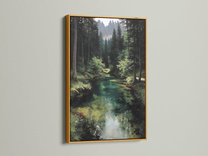 The forest river artwork is featured in a gold frame. The shimmering frame enhances the emerald green wall art. This woodland landscape painting adds a touch of elegance. Perfect for cabin decor or a luxurious living room. The gold frame complements the serene river landscape. Elevate your space with this nature-inspired artwork.
