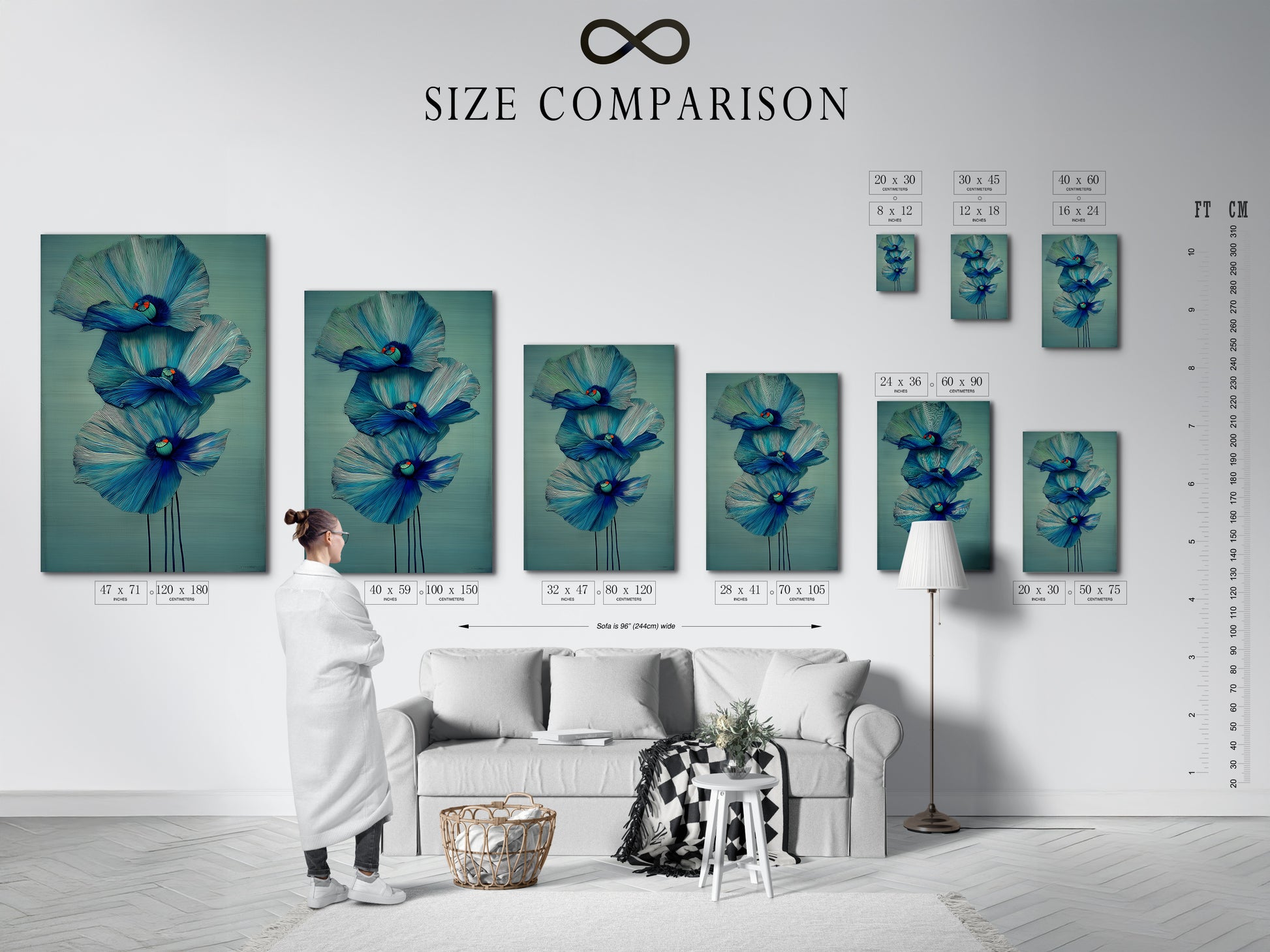A size comparison chart is displayed in an interior setting. Helping you visualize the perfect fit for your space. Explore our range of stretched canvas prints and fine art posters. Find the ideal size for your artwork.