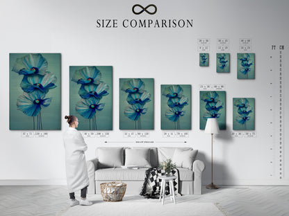 A size comparison chart is displayed in an interior setting. Helping you visualize the perfect fit for your space. Explore our range of stretched canvas prints and fine art posters. Find the ideal size for your artwork.