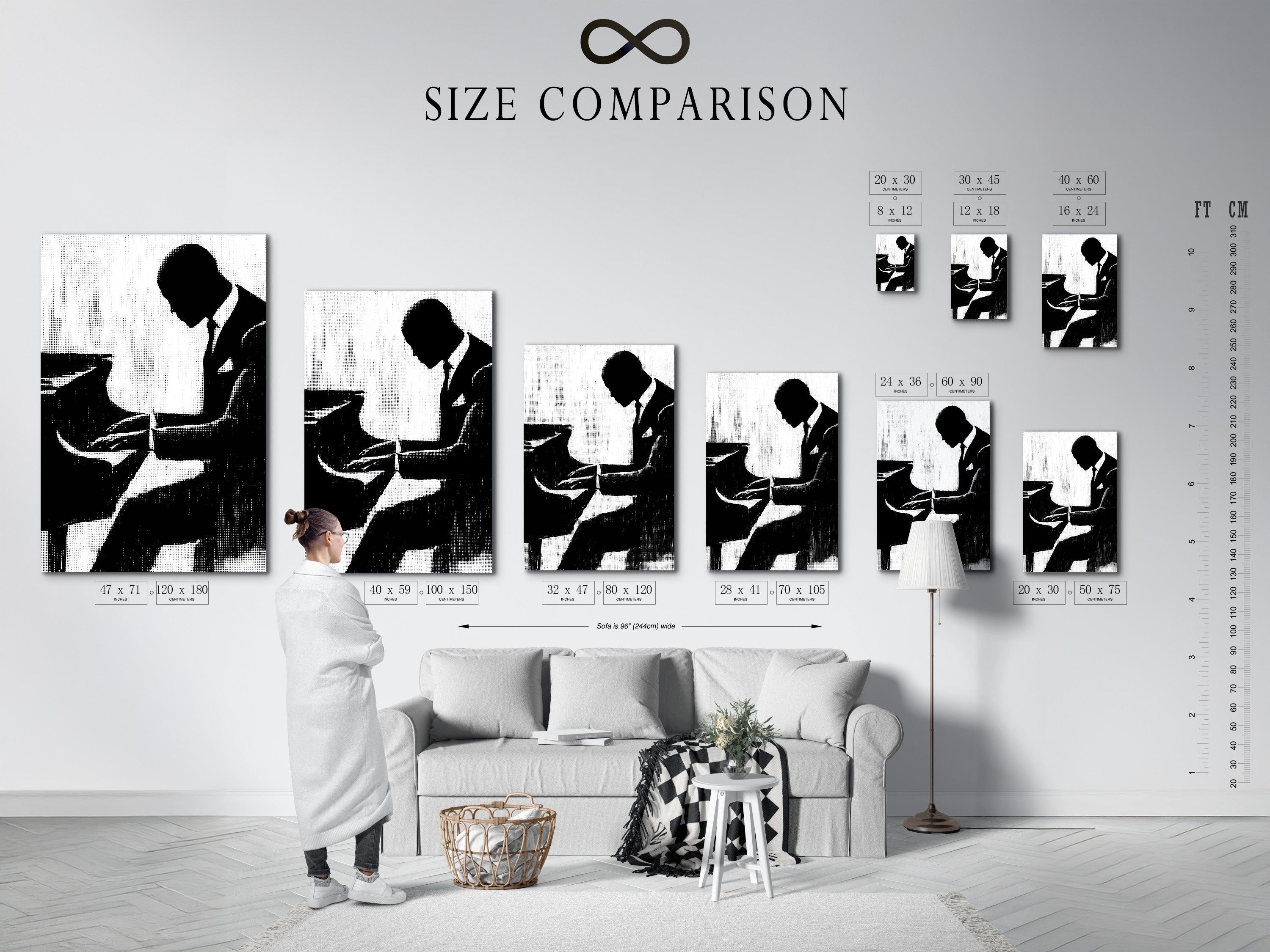 View a size comparison chart in an interior setting. The musician silhouette art print is shown in various sizes. This black and white jazz wall art fits any space. It's great vintage music art and musician poster.