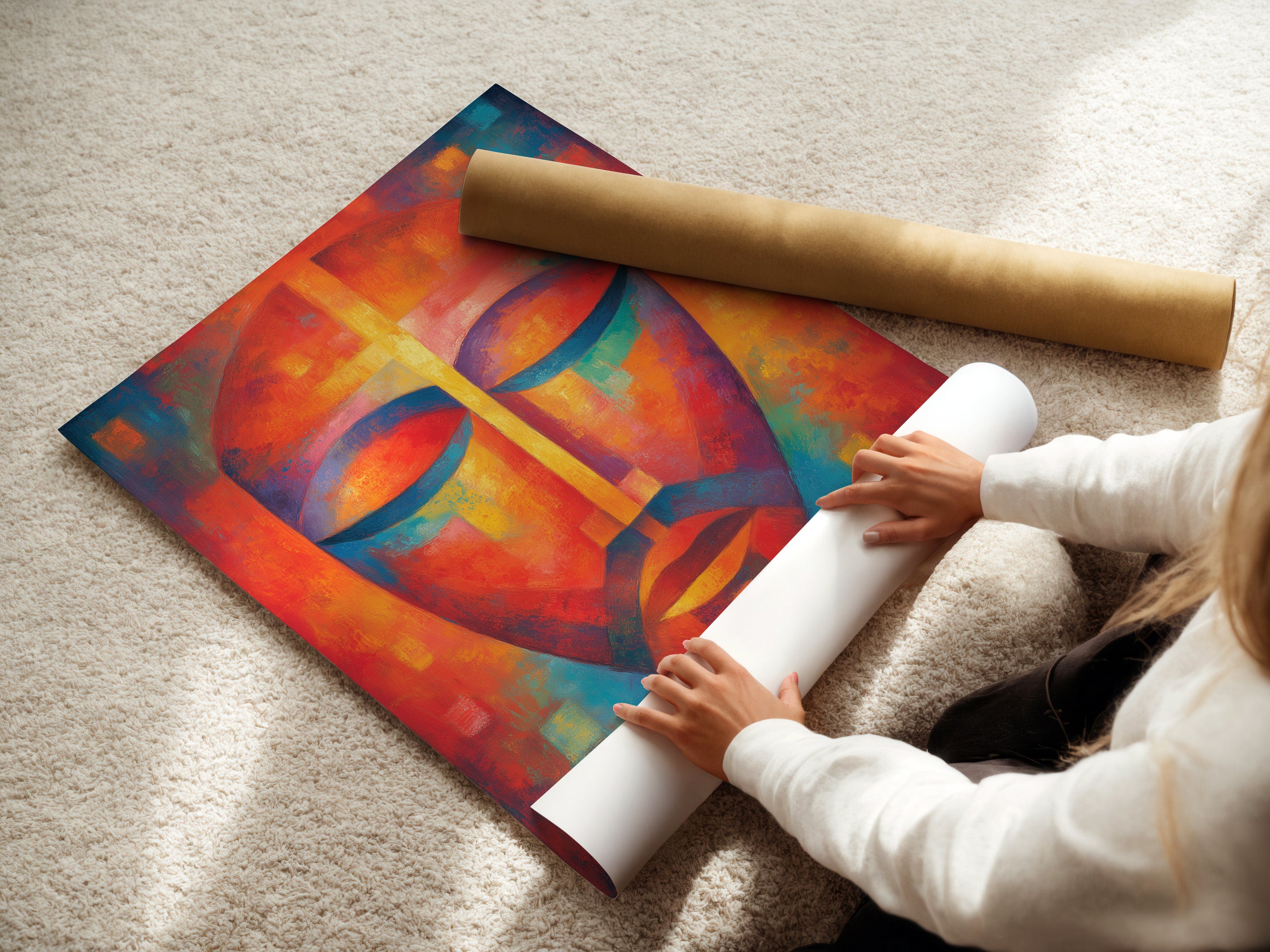 Woman carefully rolling a fine art poster paper. This shows the care in preserving your artwork. High-quality paper ensures longevity. Perfect for detailed art and vibrant colors. The fine art poster paper enhances any artwork.