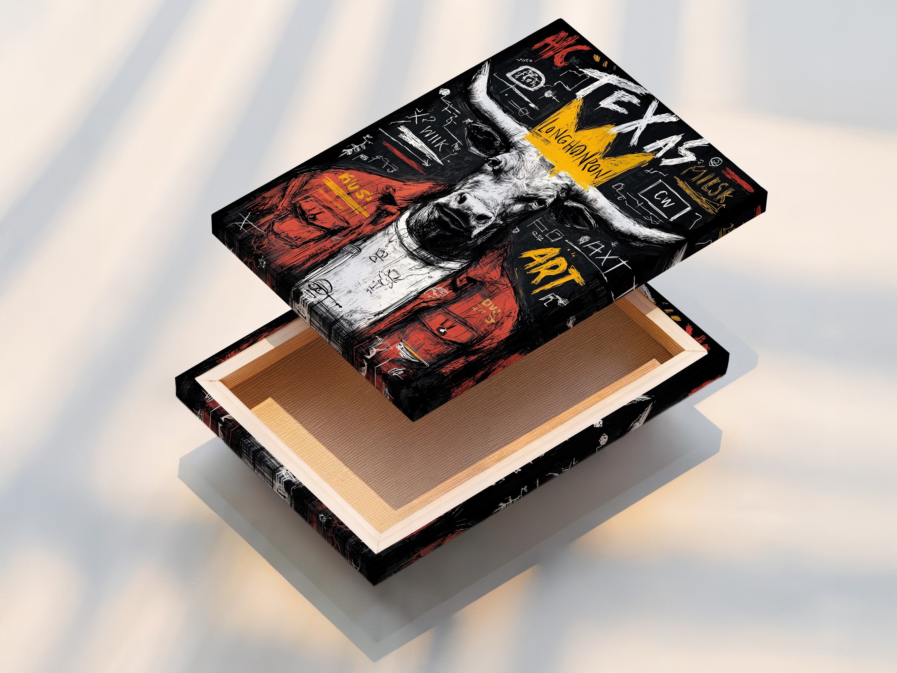 This is a stretched canvas print featuring the Texas Longhorn bull artwork. The stretched canvas provides a gallery-ready appearance. This modern graffiti style artwork is ready to hang.