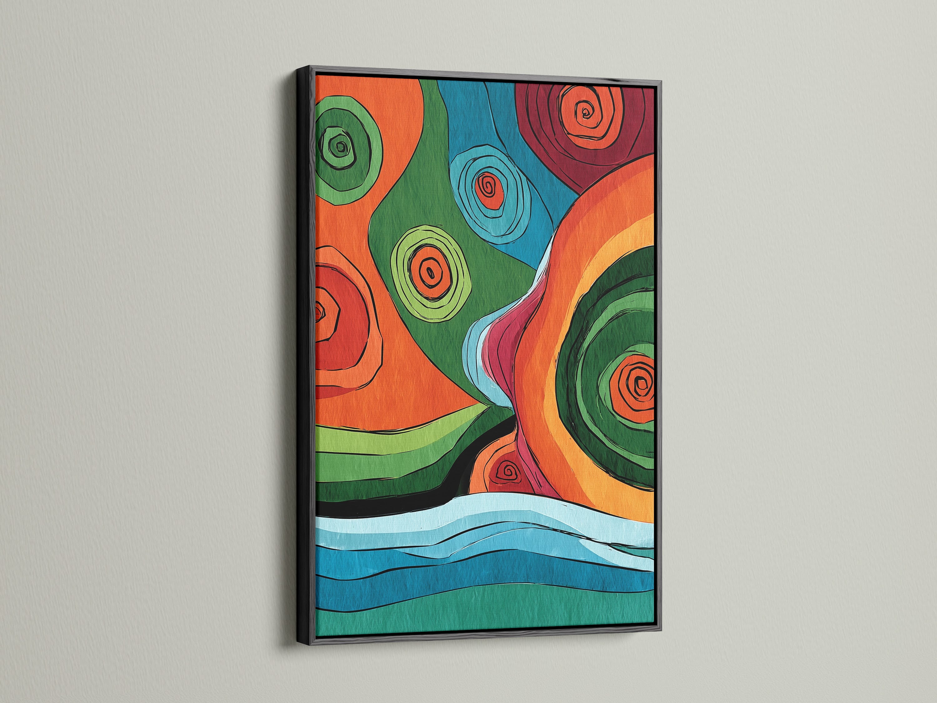 This is a modern abstract art piece showcased in a sleek black frame. The black frame adds a bold and dramatic touch. This artwork makes a statement in any room. Elevate your interior with this contemporary piece. It is perfect for creating a focal point in your home or office.