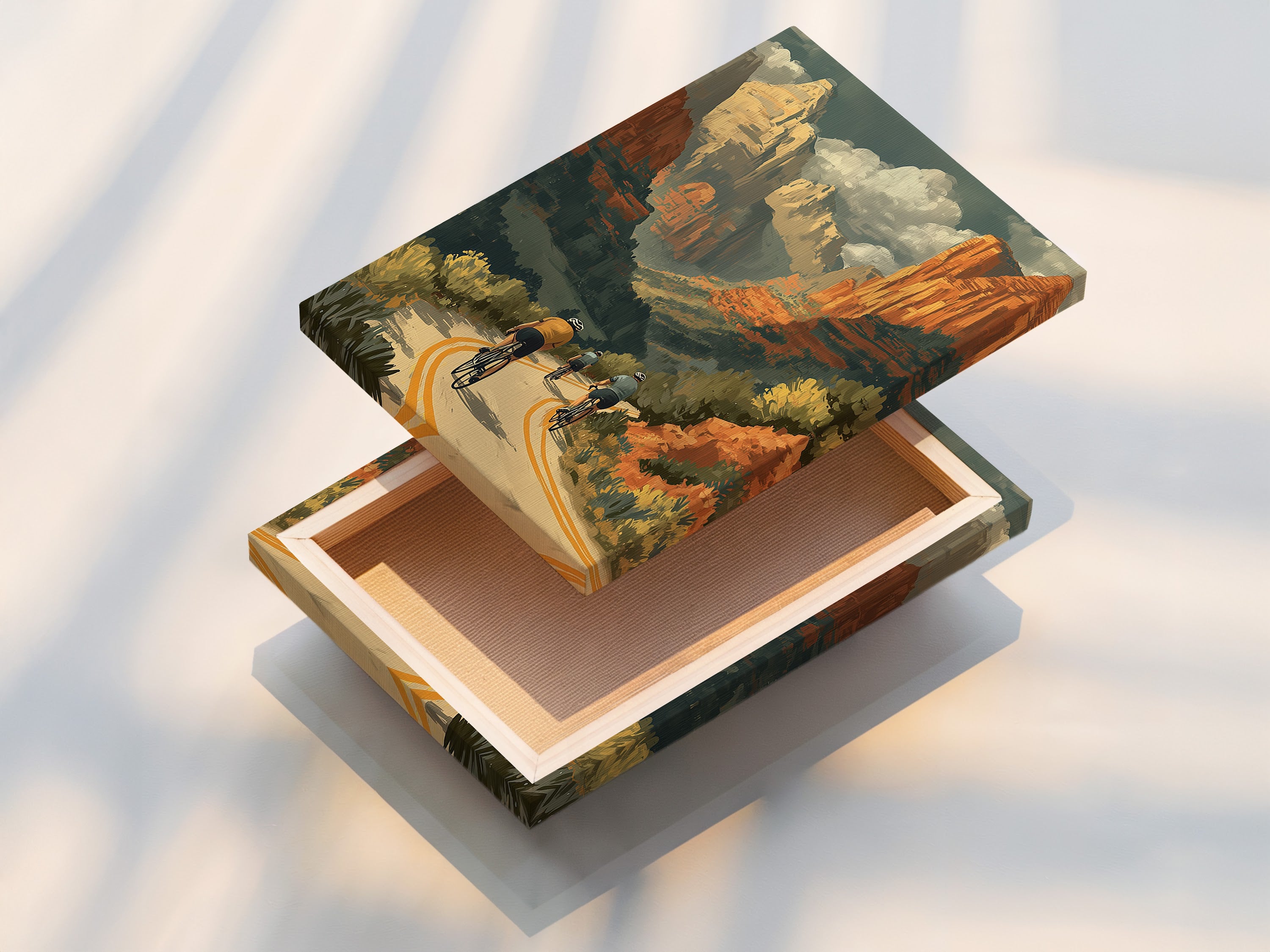 This is a stretched canvas print of a desert canyon cycling scene. The vintage travel poster is ready to hang. No framing is required. The canvas print captures the texture and depth of the artwork. The stretched canvas provides a clean and modern look. Perfect for adding Southwestern art to any room immediately.