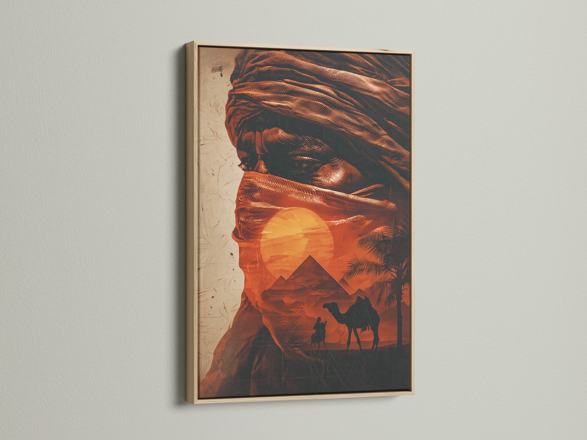 A striking oak frame enhances this desert Bedouin artwork. The warm tones of the Middle East art create a cozy atmosphere. Camel prints and pyramid art evoke a sense of adventure. Ideal for Southwestern wall decor or travel wall art. This piece complements earthy rustic and eclectic styles perfectly.