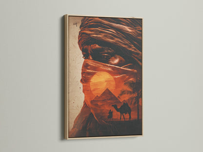 A striking oak frame enhances this desert Bedouin artwork. The warm tones of the Middle East art create a cozy atmosphere. Camel prints and pyramid art evoke a sense of adventure. Ideal for Southwestern wall decor or travel wall art. This piece complements earthy rustic and eclectic styles perfectly.