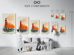 A size comparison chart displayed in an interior setting. Visualize how different sizes of coastal artwork fit your space. Choose the perfect dimensions for your lighthouse and sailboat print. Ensure your nautical canvas complements your decor. Find the ideal size for your wall art.