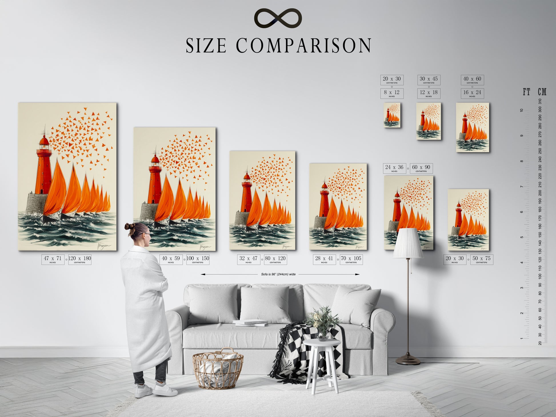 A size comparison chart displayed in an interior setting. Visualize how different sizes of coastal artwork fit your space. Choose the perfect dimensions for your lighthouse and sailboat print. Ensure your nautical canvas complements your decor. Find the ideal size for your wall art.
