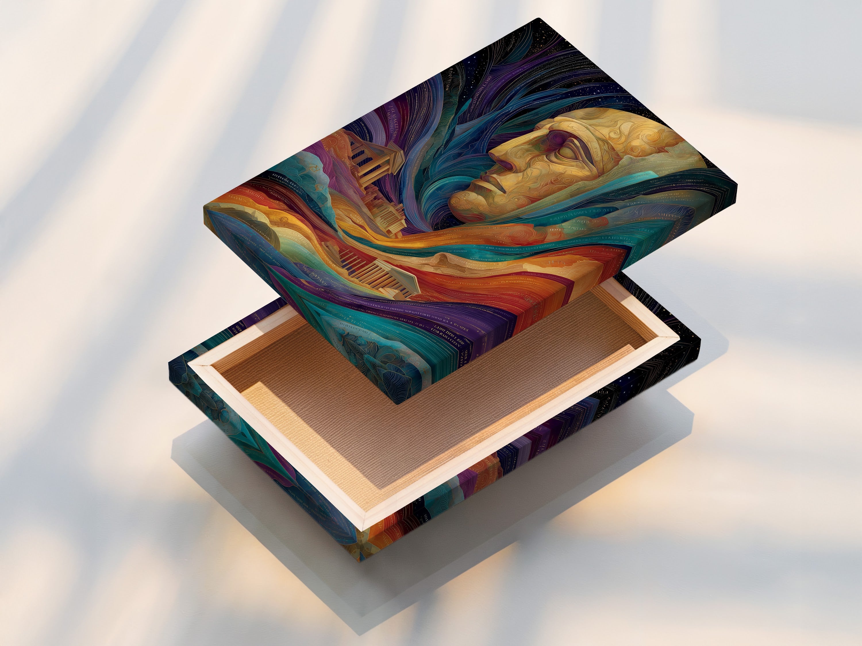 This is a stretched canvas print of a surreal portrait artwork. The artwork features a colorful abstract face. This would be great psychedelic digital art for modern office decor. It would be a great addition to a modern office. The style is contemporary