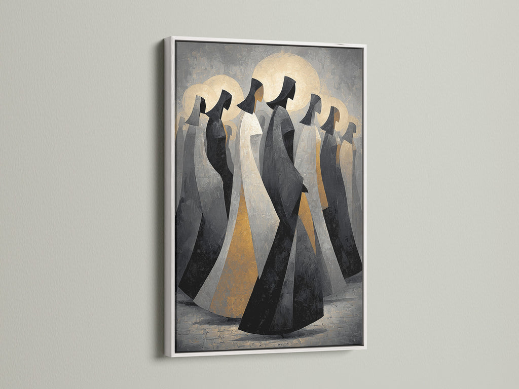 Abstract Hooded Figures art is displayed in a white frame. This modern canvas art makes a statement. The mysterious artwork adds a touch of elegance. It's perfect for your office wall decor.