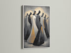 Abstract Hooded Figures art is displayed in a white frame. This modern canvas art makes a statement. The mysterious artwork adds a touch of elegance. It's perfect for your office wall decor.
