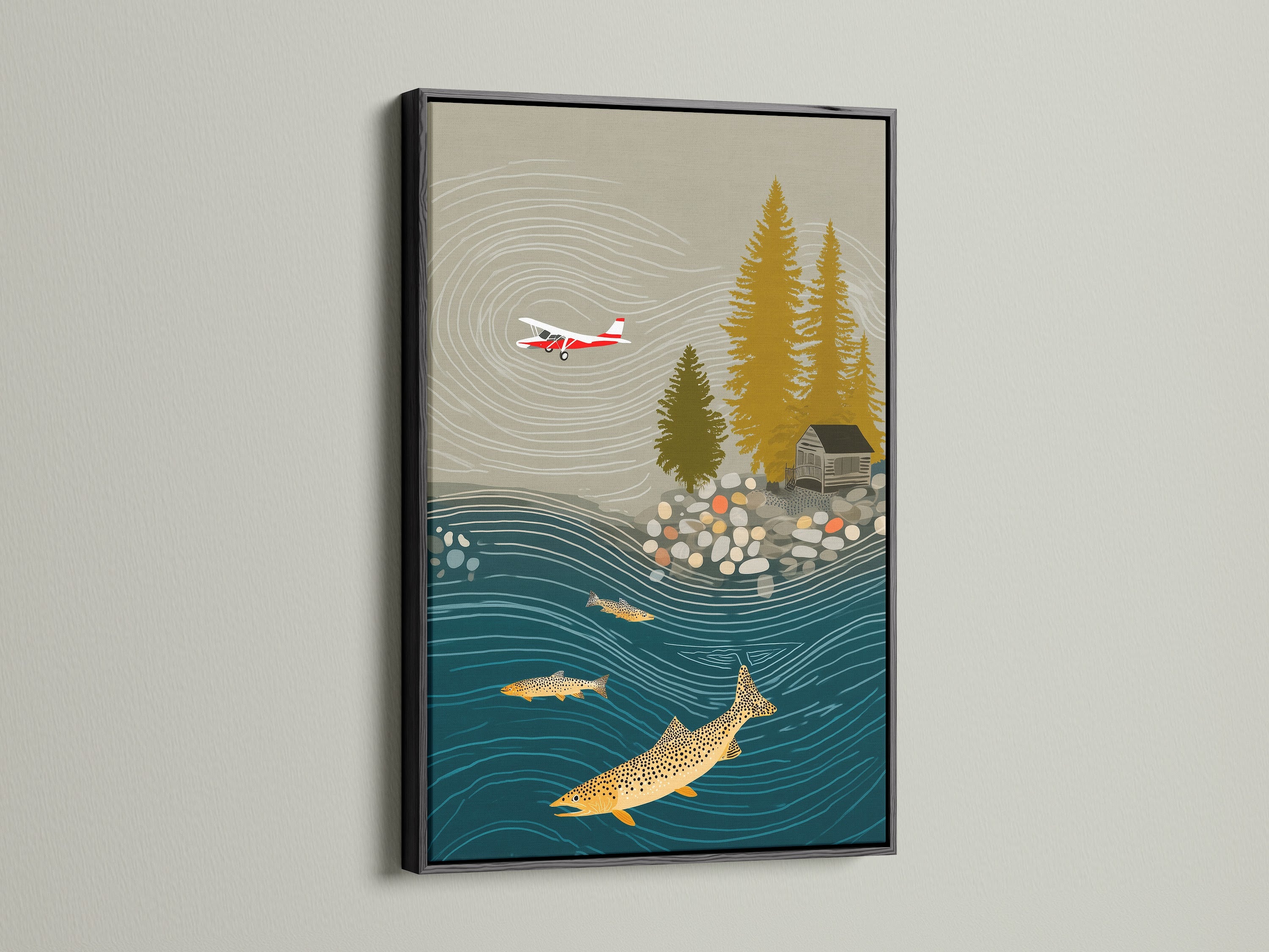 The fishing landscape artwork is elegantly presented in a black frame. It is a cabin canvas with an airplane print suitable for man cave decor. This piece is ideal lake wall art and trout art adding vintage decor to any lodge.