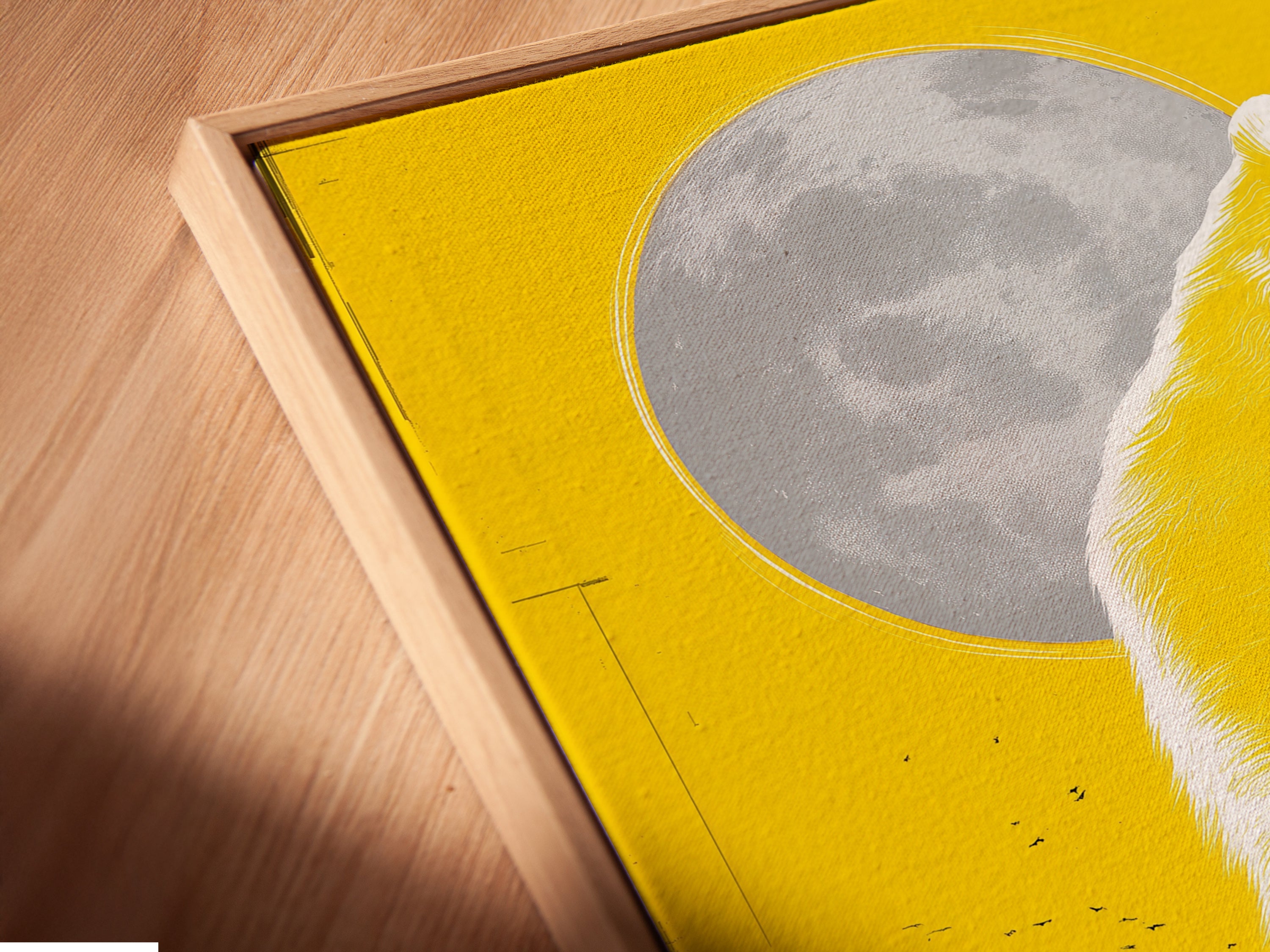 Close-up of a Grizzly Bear and Hunter Canoe Canvas Print. The artwork is in a floating frame. This yellow wildlife art print showcases a bear and a hunter in a canoe. The floating frame adds depth and sophistication to the artwork.